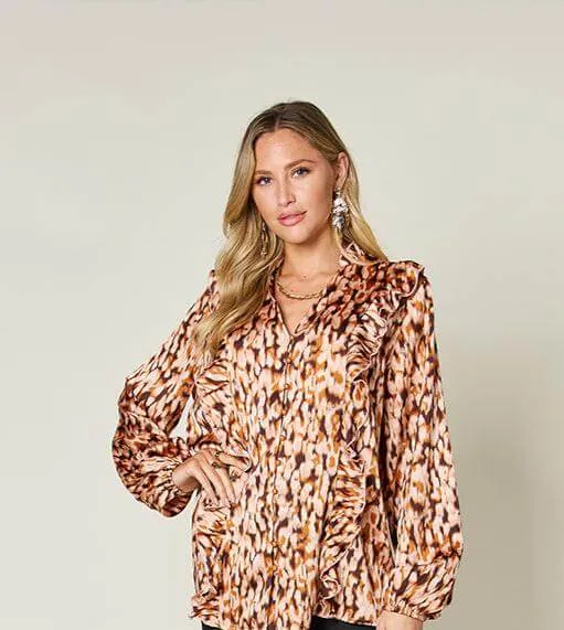 Printed Ruffle Trim Balloon Sleeve Blouse in Full Size