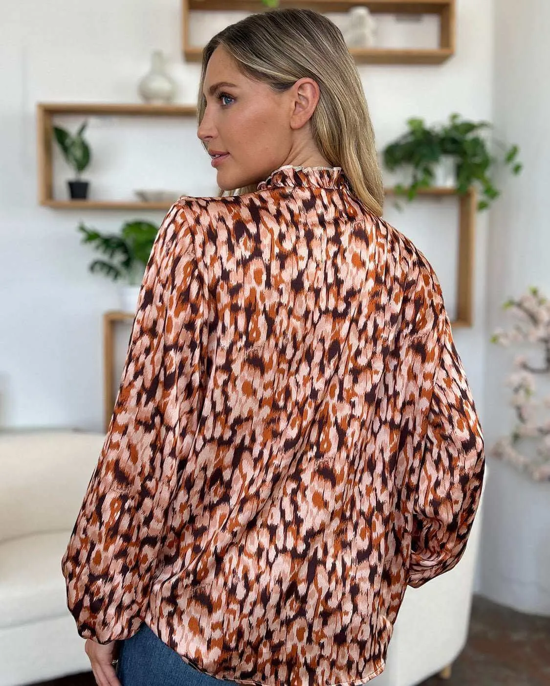 Printed Ruffle Trim Balloon Sleeve Blouse in Full Size