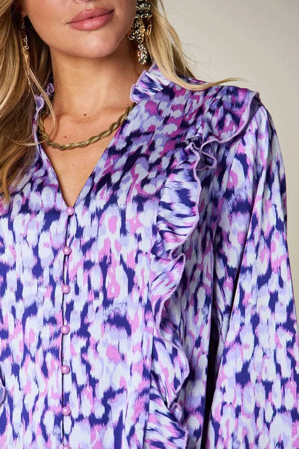 Printed Ruffle Trim Balloon Sleeve Blouse in Full Size