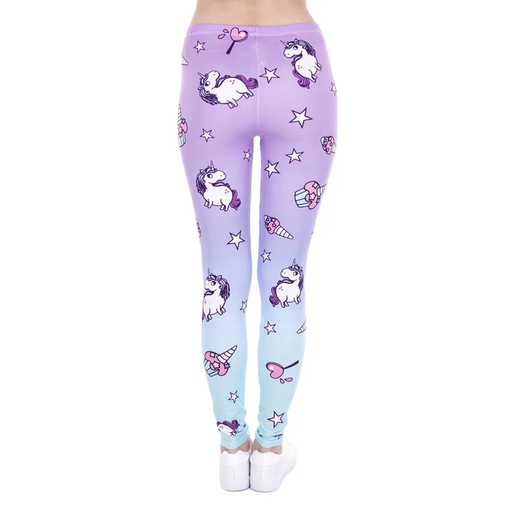 Purple Blue Ombre Unicorn & Stars Print Pattern Leggings