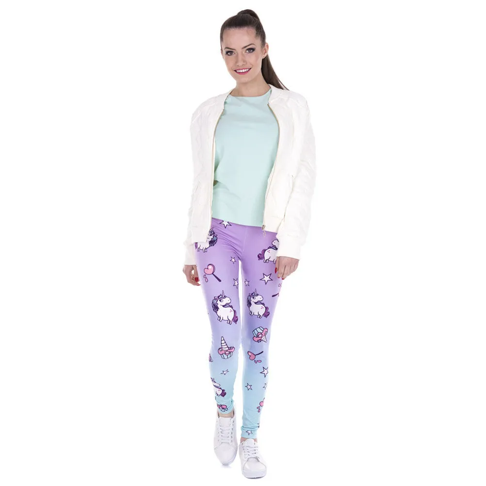 Purple Blue Ombre Unicorn & Stars Print Pattern Leggings