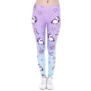 Purple Blue Ombre Unicorn & Stars Print Pattern Leggings