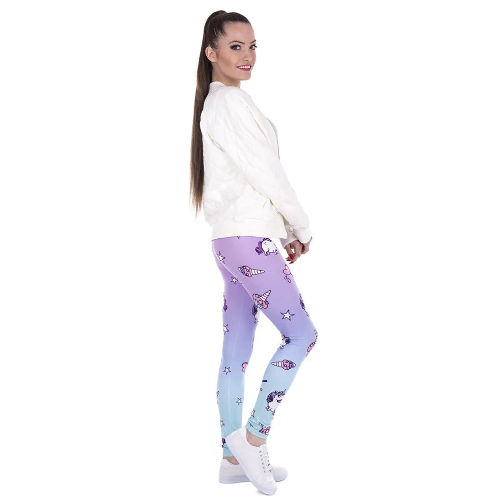 Purple Blue Ombre Unicorn & Stars Print Pattern Leggings
