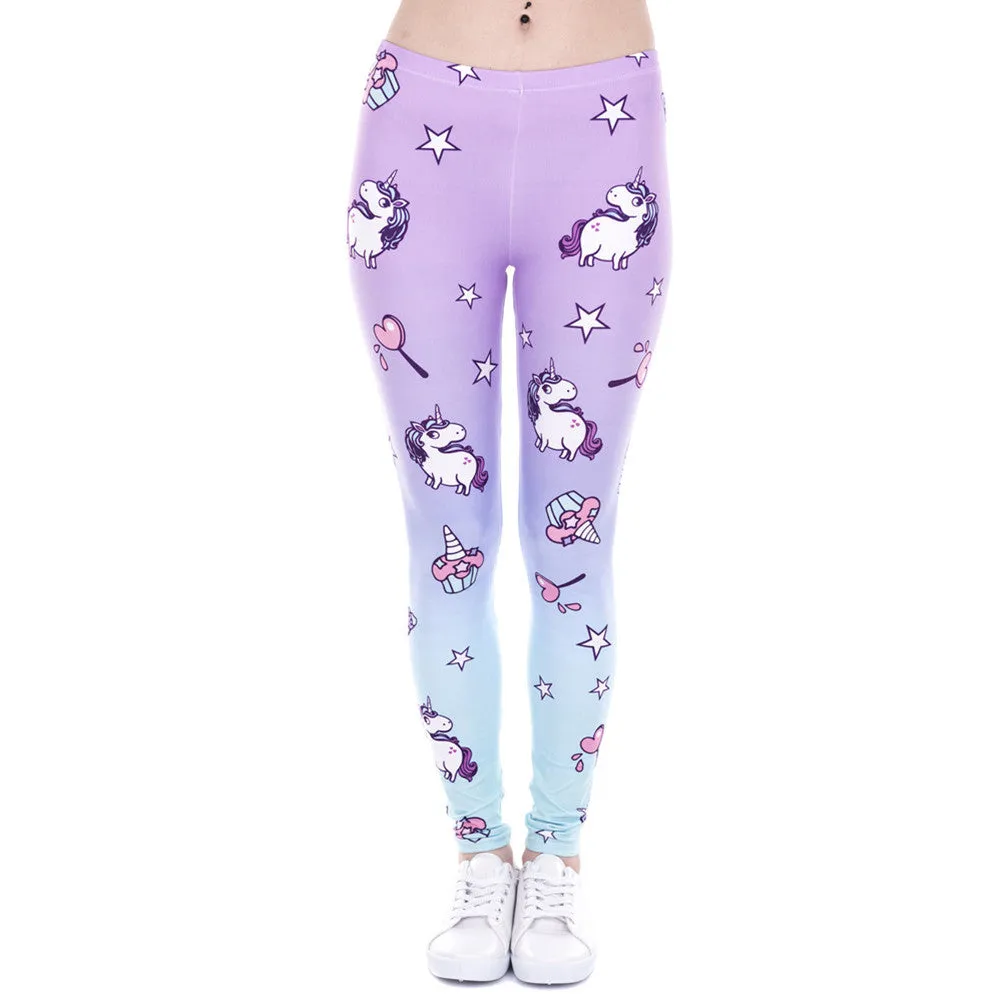 Purple Blue Ombre Unicorn & Stars Print Pattern Leggings