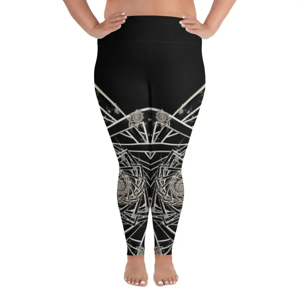 "Black Topological Rose " Collection - All-Over Print Plus Size Leggings