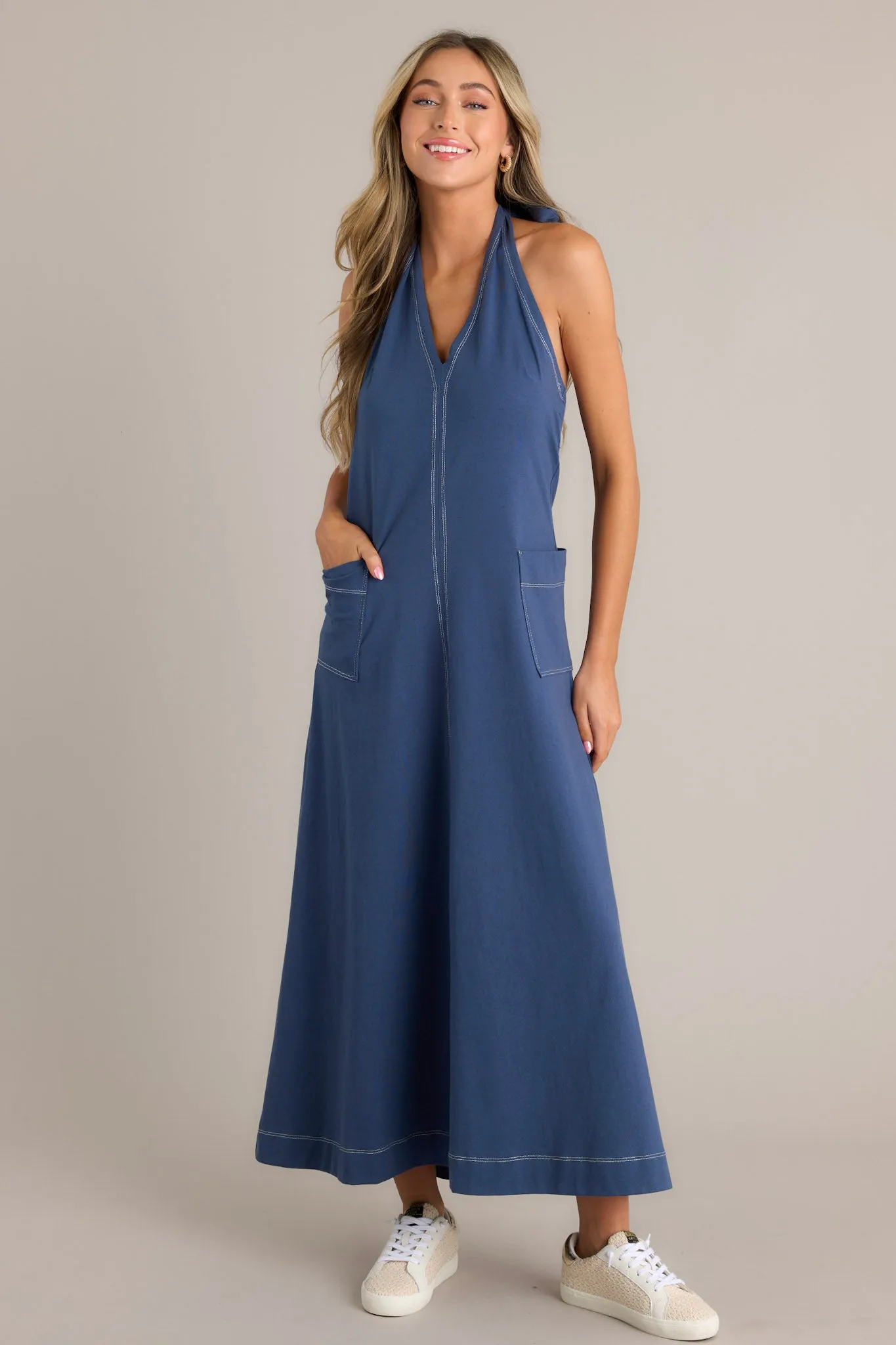 Radiant Charm 100% Cotton Navy Halter Maxi Dress