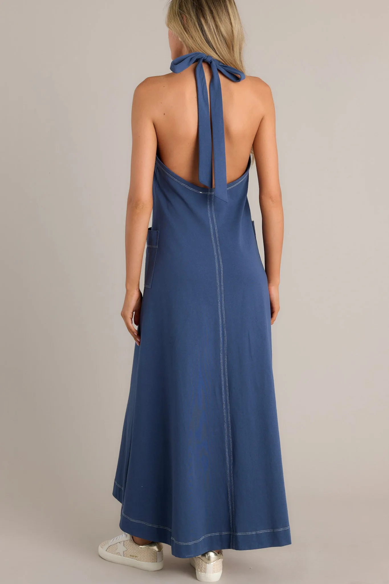 Radiant Charm 100% Cotton Navy Halter Maxi Dress