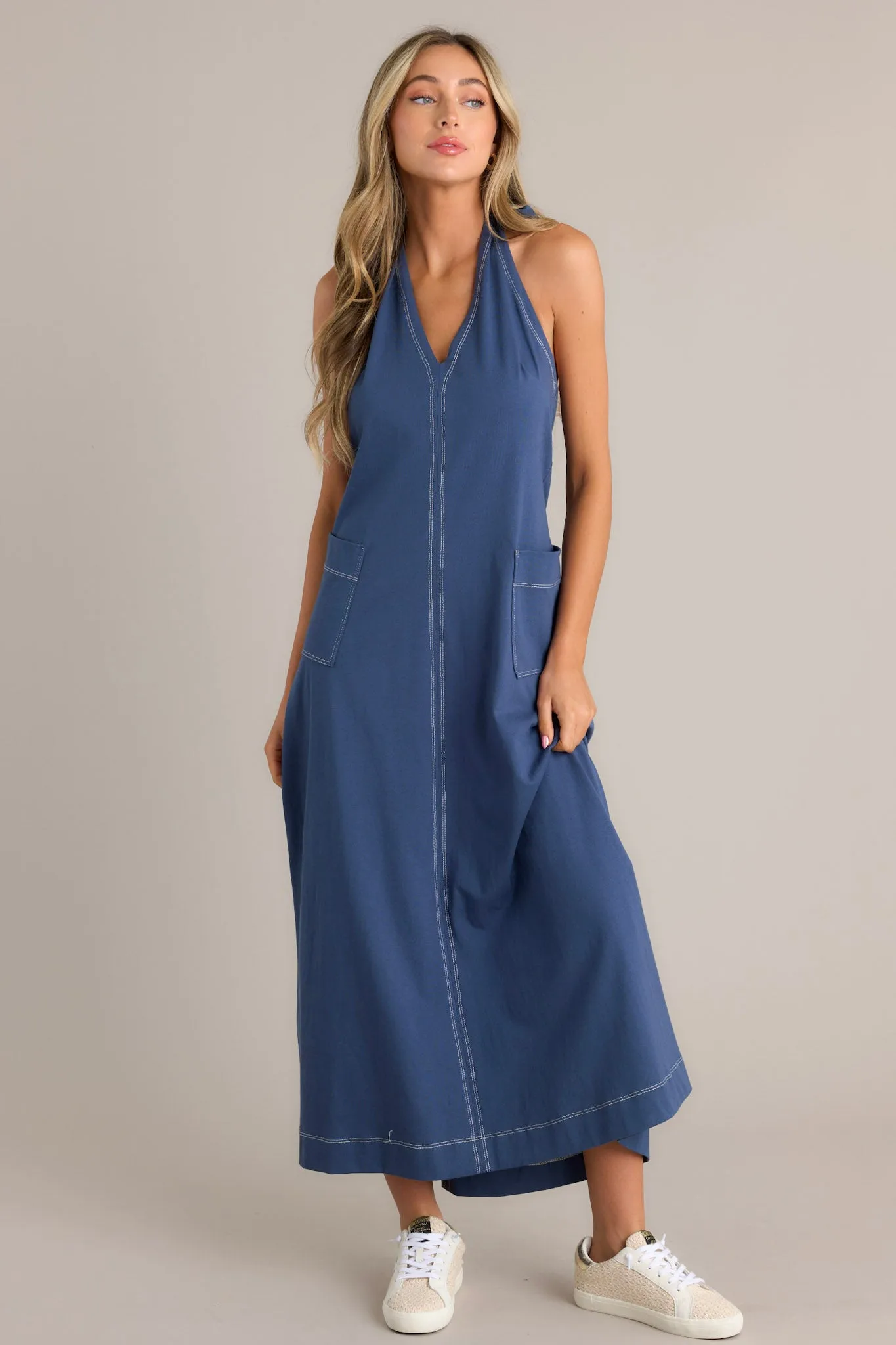Radiant Charm 100% Cotton Navy Halter Maxi Dress