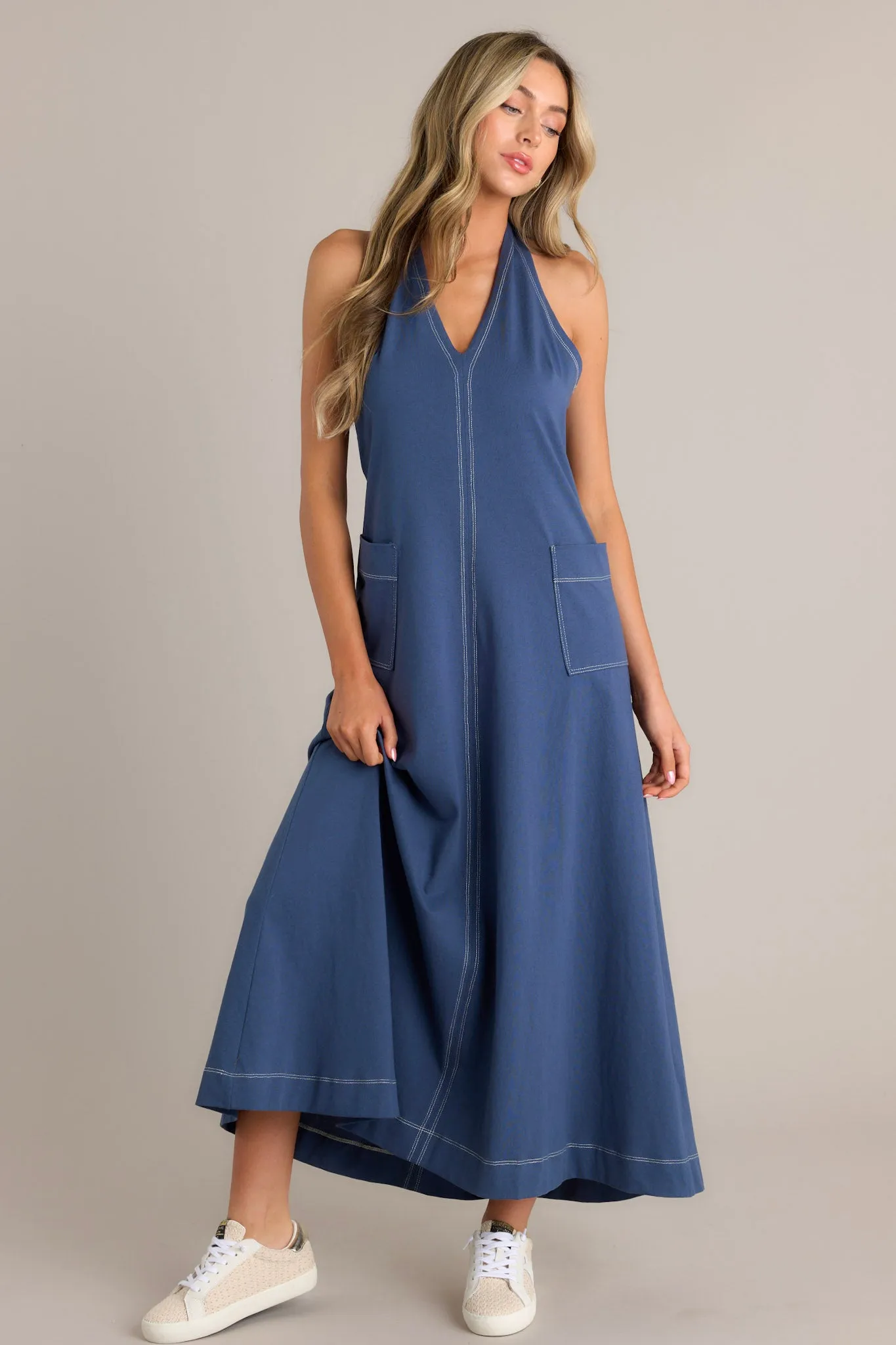 Radiant Charm 100% Cotton Navy Halter Maxi Dress