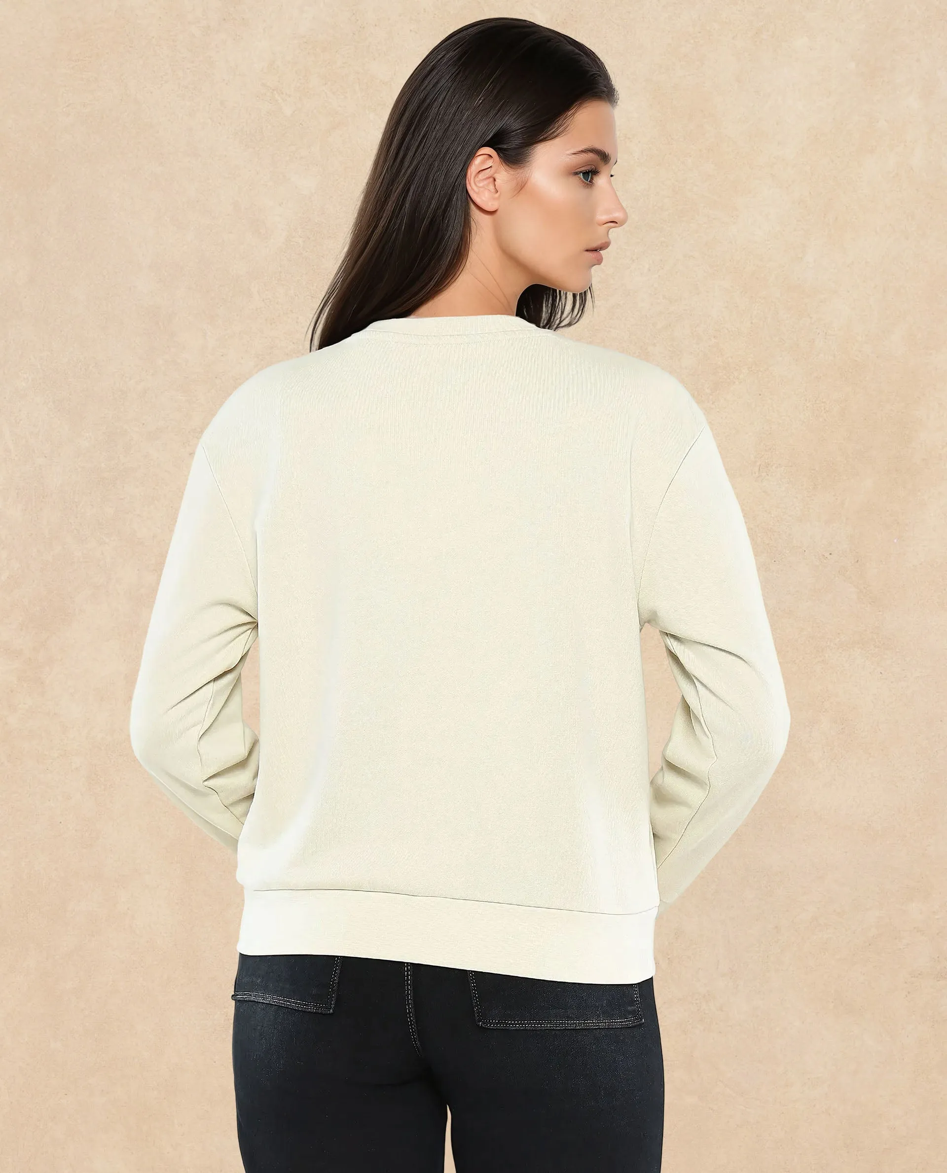 Rareism Women Colad Beige Cotton Blend Fabric Full Sleeve Crew Neck Relaxed Fit Graphic Print Sweatshirt