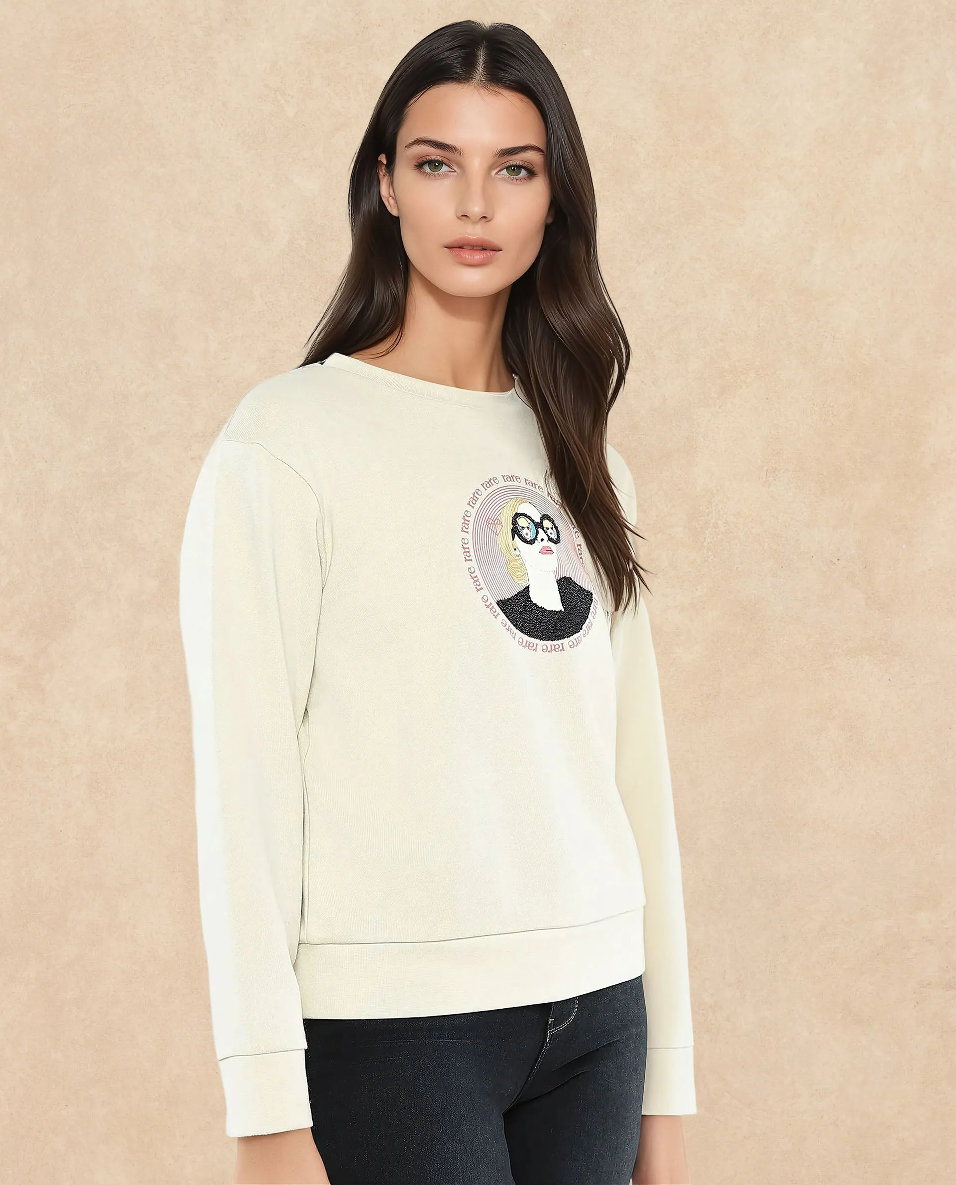 Rareism Women Colad Beige Cotton Blend Fabric Full Sleeve Crew Neck Relaxed Fit Graphic Print Sweatshirt