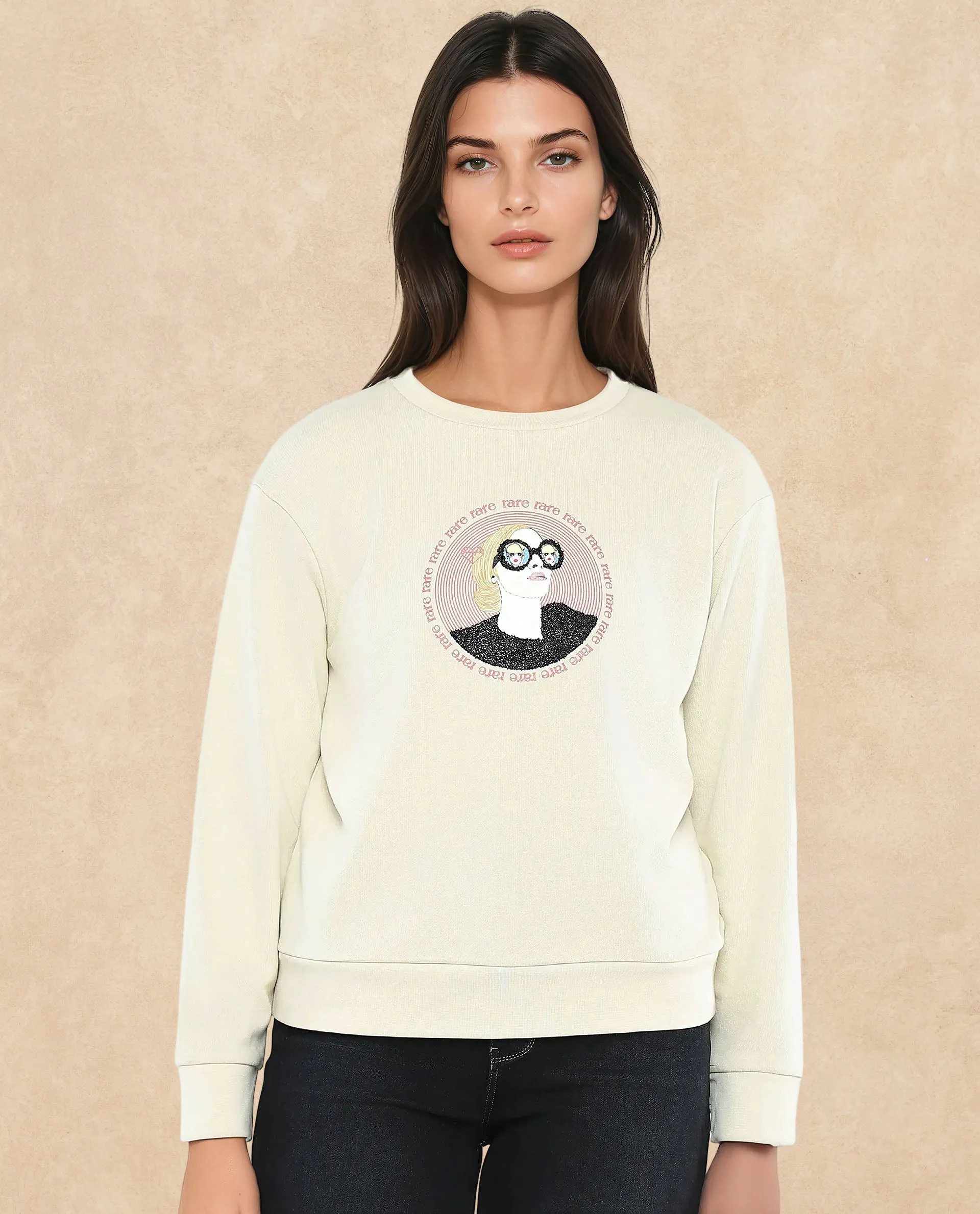 Rareism Women Colad Beige Cotton Blend Fabric Full Sleeve Crew Neck Relaxed Fit Graphic Print Sweatshirt