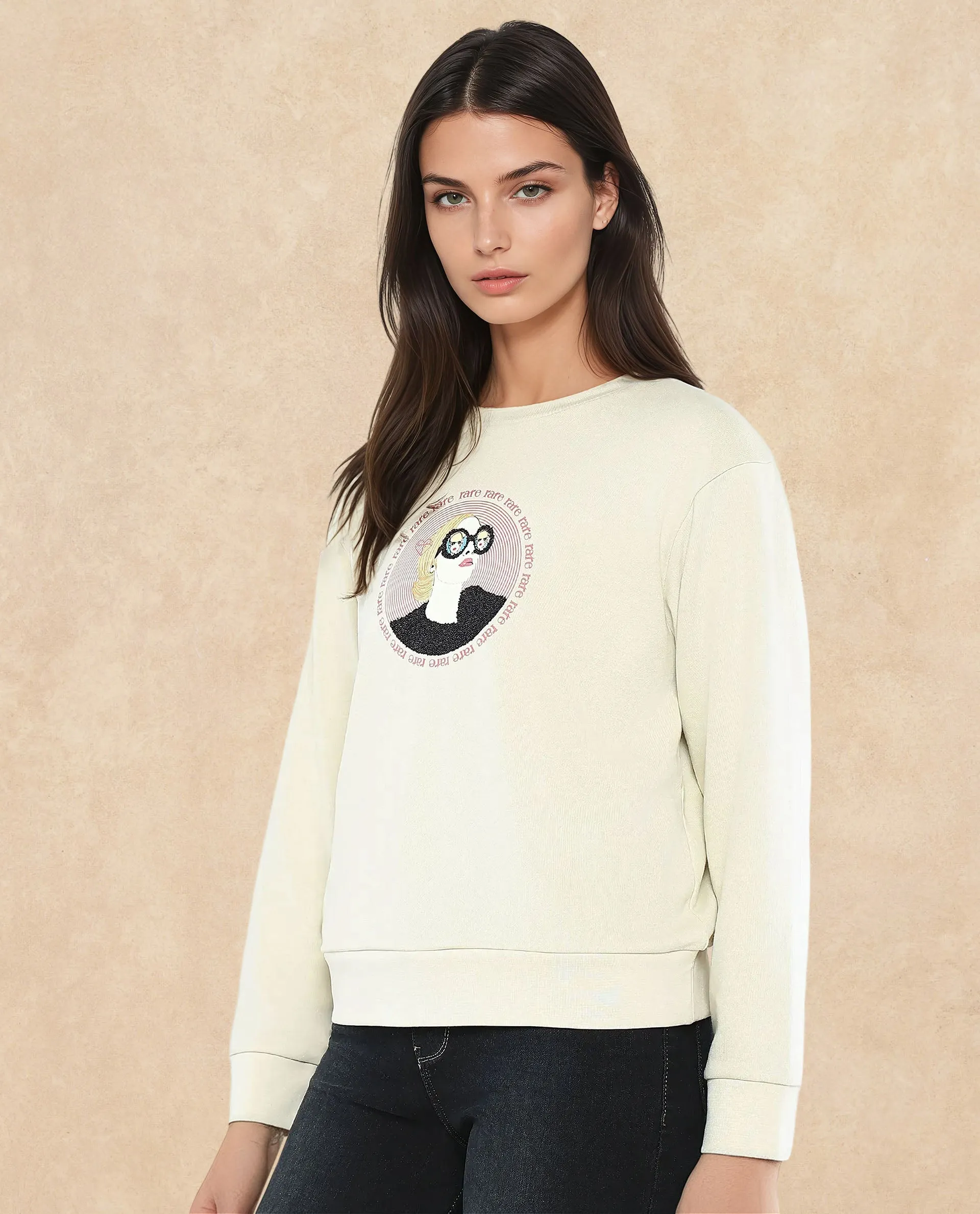 Rareism Women Colad Beige Cotton Blend Fabric Full Sleeve Crew Neck Relaxed Fit Graphic Print Sweatshirt