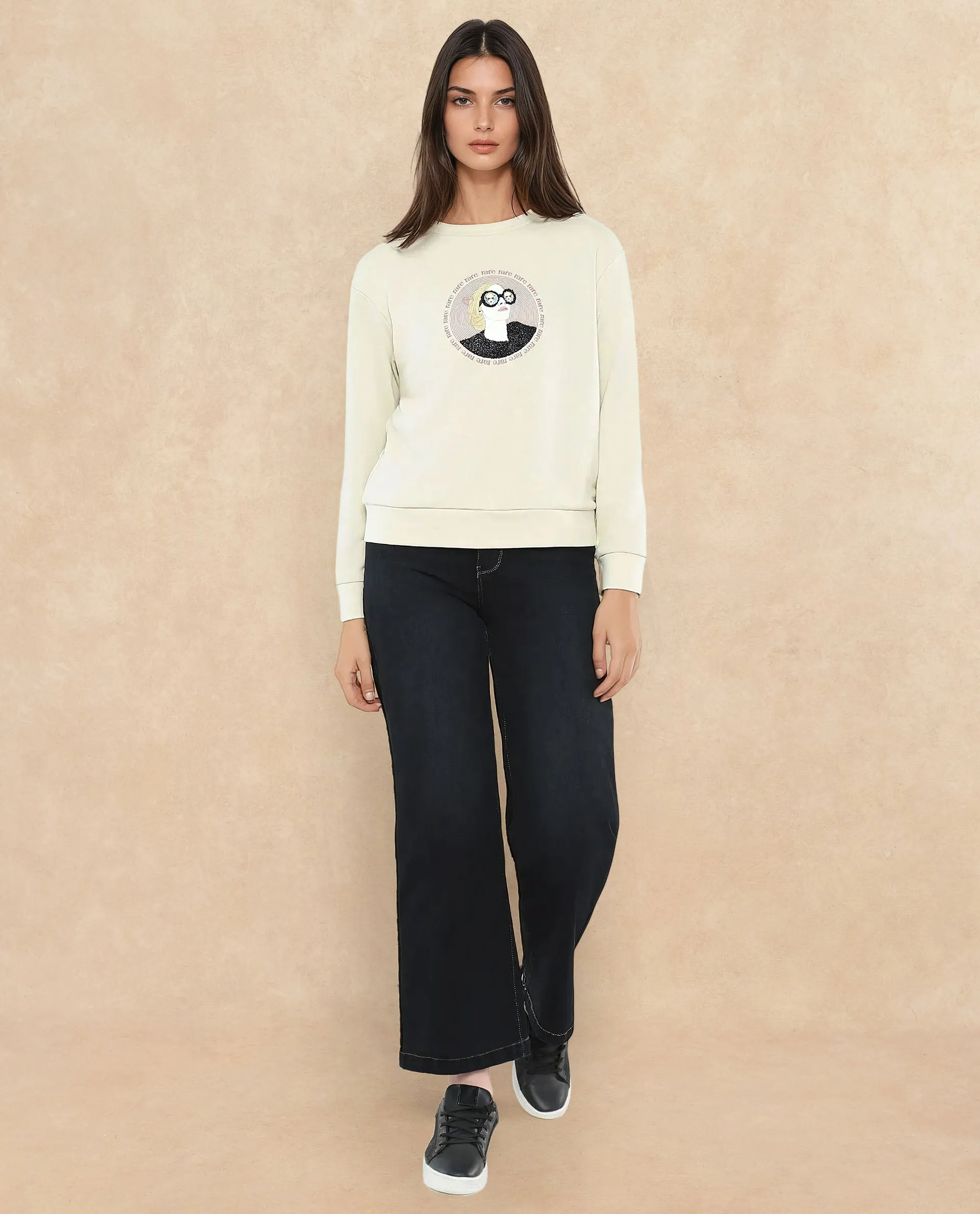 Rareism Women Colad Beige Cotton Blend Fabric Full Sleeve Crew Neck Relaxed Fit Graphic Print Sweatshirt