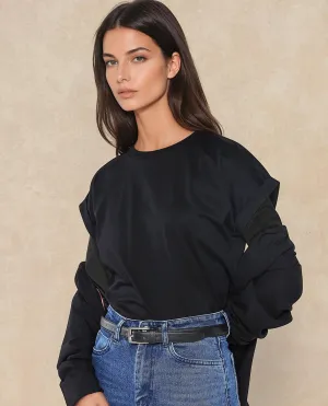 Rareism Women Cors Black Cotton Blend Fabric Extended Sleeves Crew Neck Relaxed Fit Plain T-Shirt