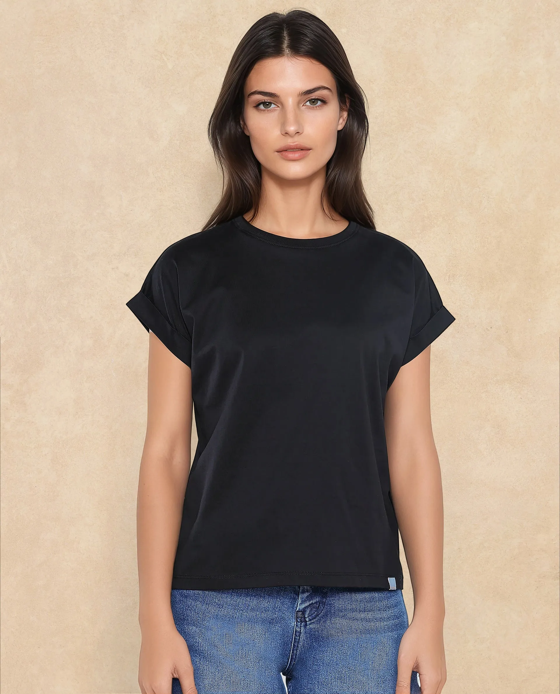 Rareism Women Cors Black Cotton Blend Fabric Extended Sleeves Crew Neck Relaxed Fit Plain T-Shirt