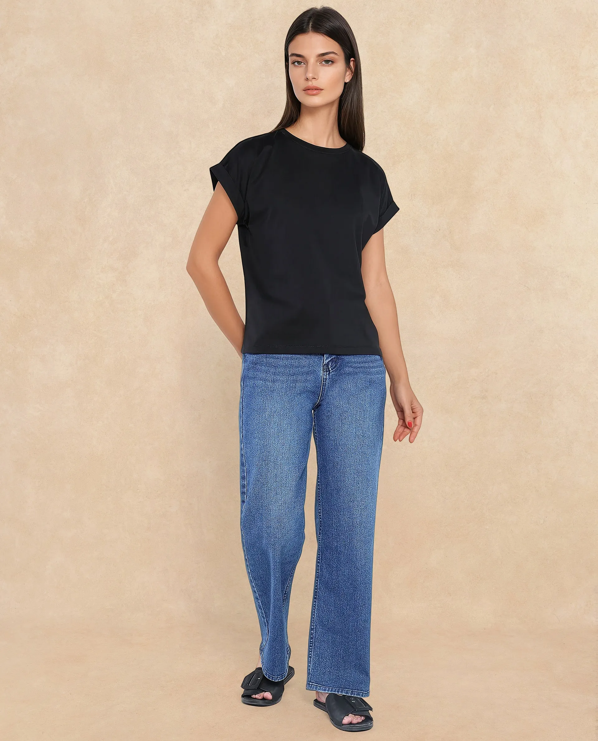 Rareism Women Cors Black Cotton Blend Fabric Extended Sleeves Crew Neck Relaxed Fit Plain T-Shirt