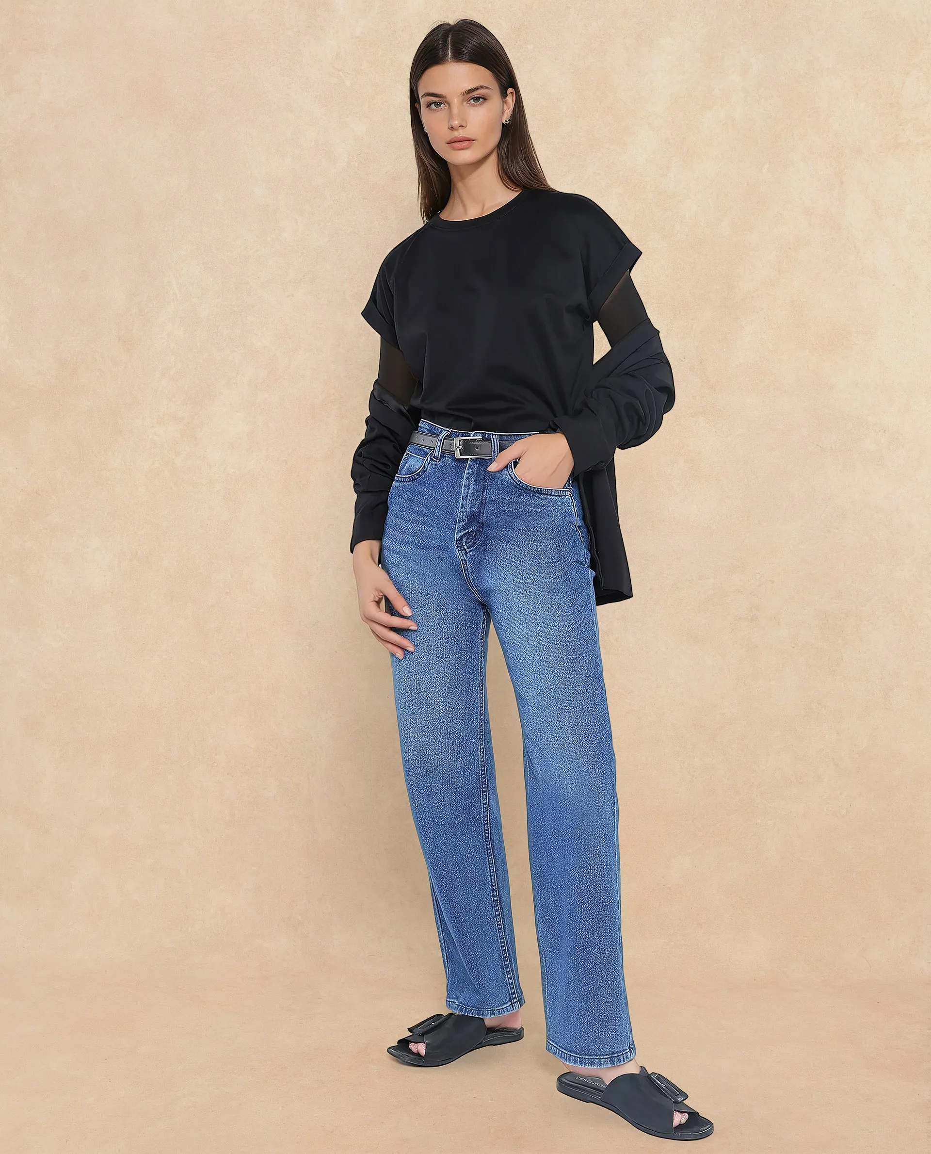 Rareism Women Cors Black Cotton Blend Fabric Extended Sleeves Crew Neck Relaxed Fit Plain T-Shirt