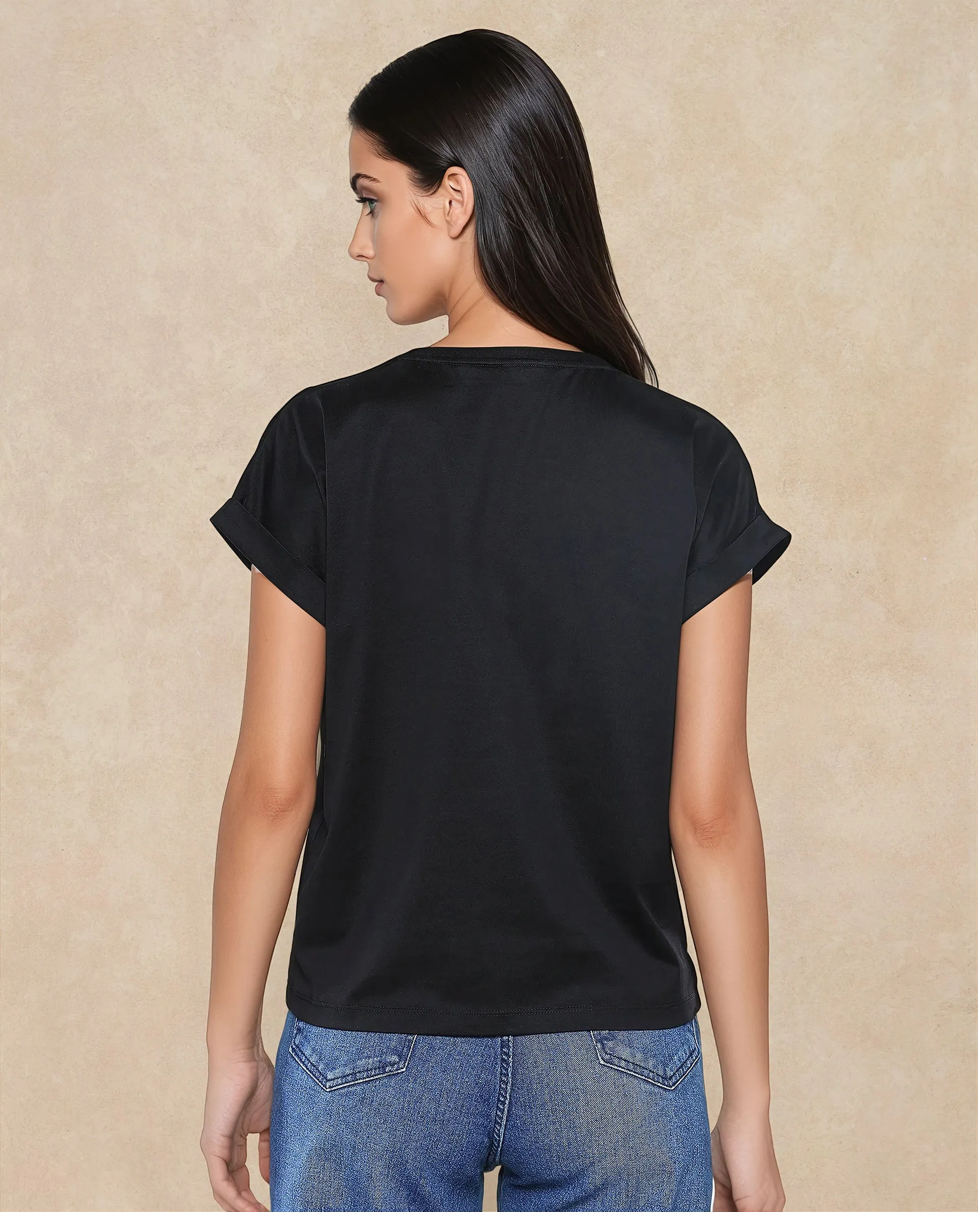 Rareism Women Cors Black Cotton Blend Fabric Extended Sleeves Crew Neck Relaxed Fit Plain T-Shirt