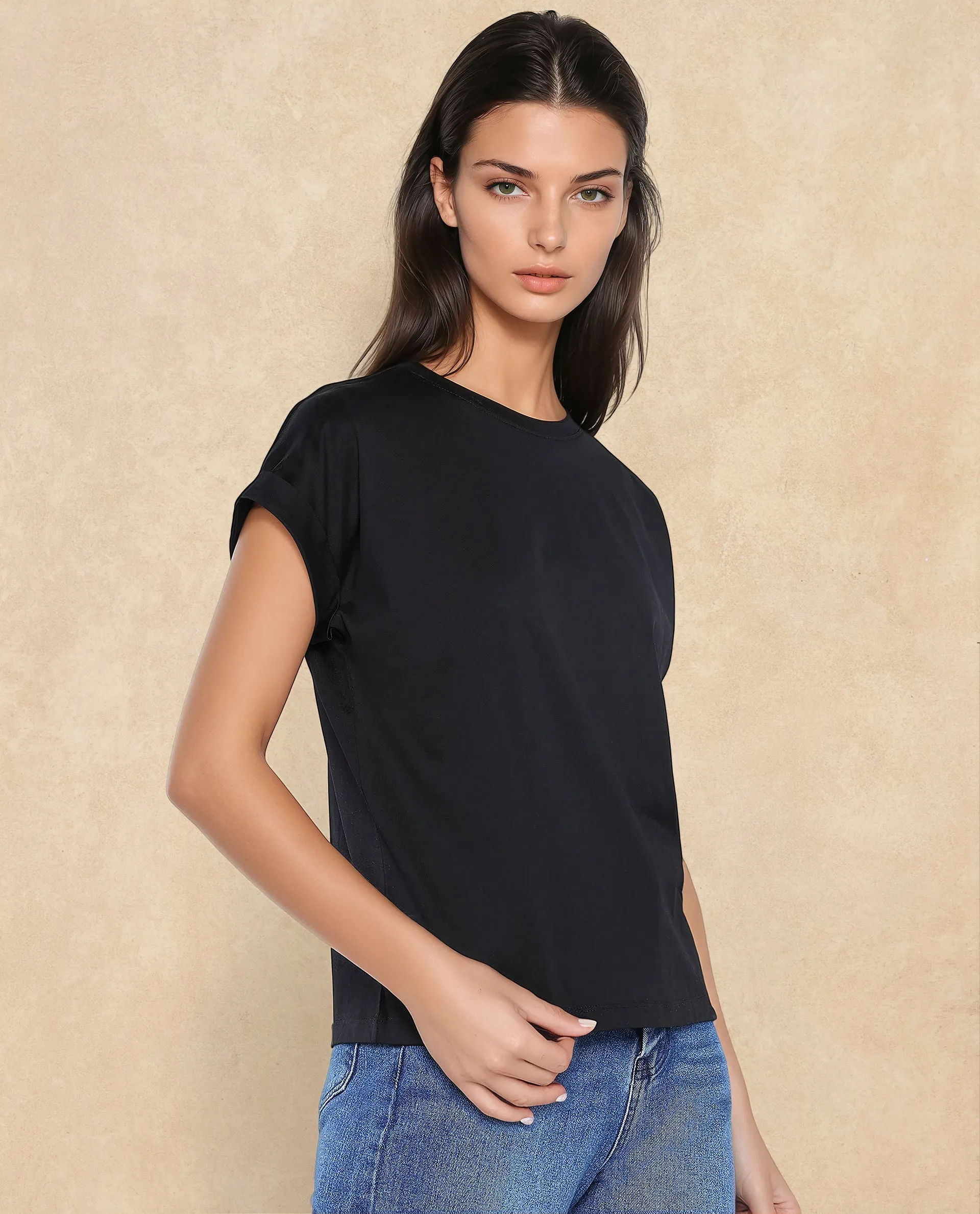 Rareism Women Cors Black Cotton Blend Fabric Extended Sleeves Crew Neck Relaxed Fit Plain T-Shirt