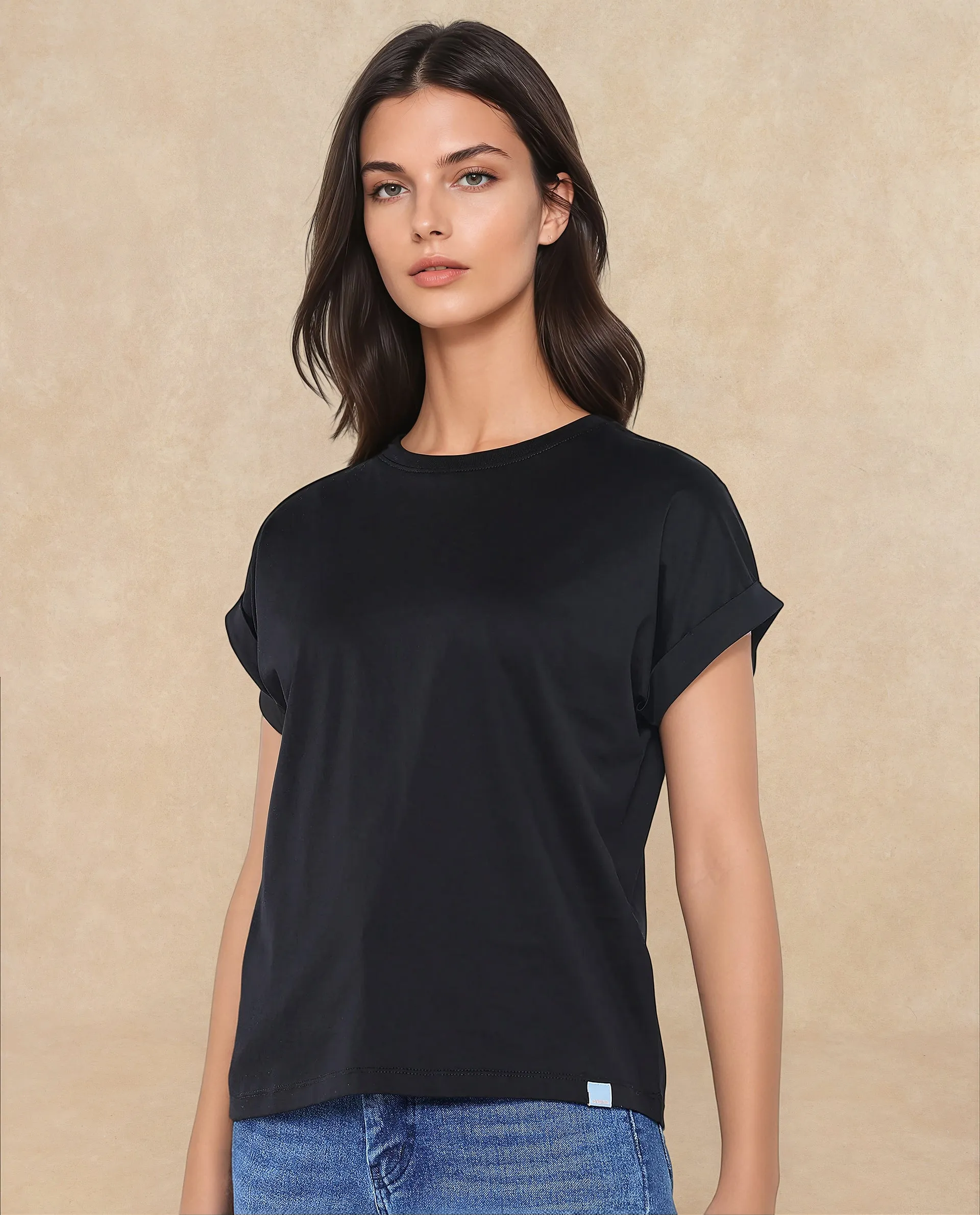 Rareism Women Cors Black Cotton Blend Fabric Extended Sleeves Crew Neck Relaxed Fit Plain T-Shirt