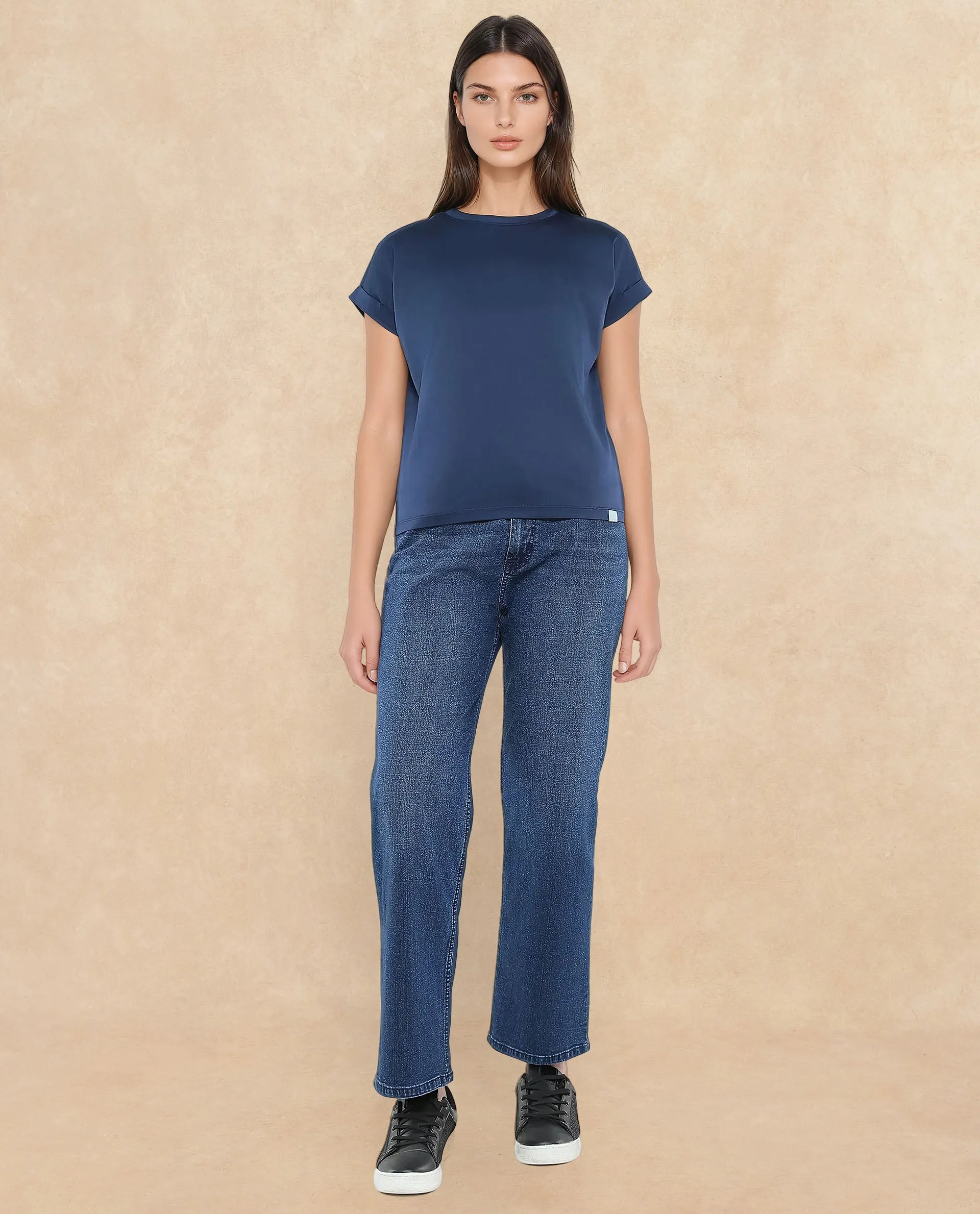 Rareism Women Cors Navy Cotton Blend Fabric Extended Sleeves Crew Neck Relaxed Fit Plain T-Shirt