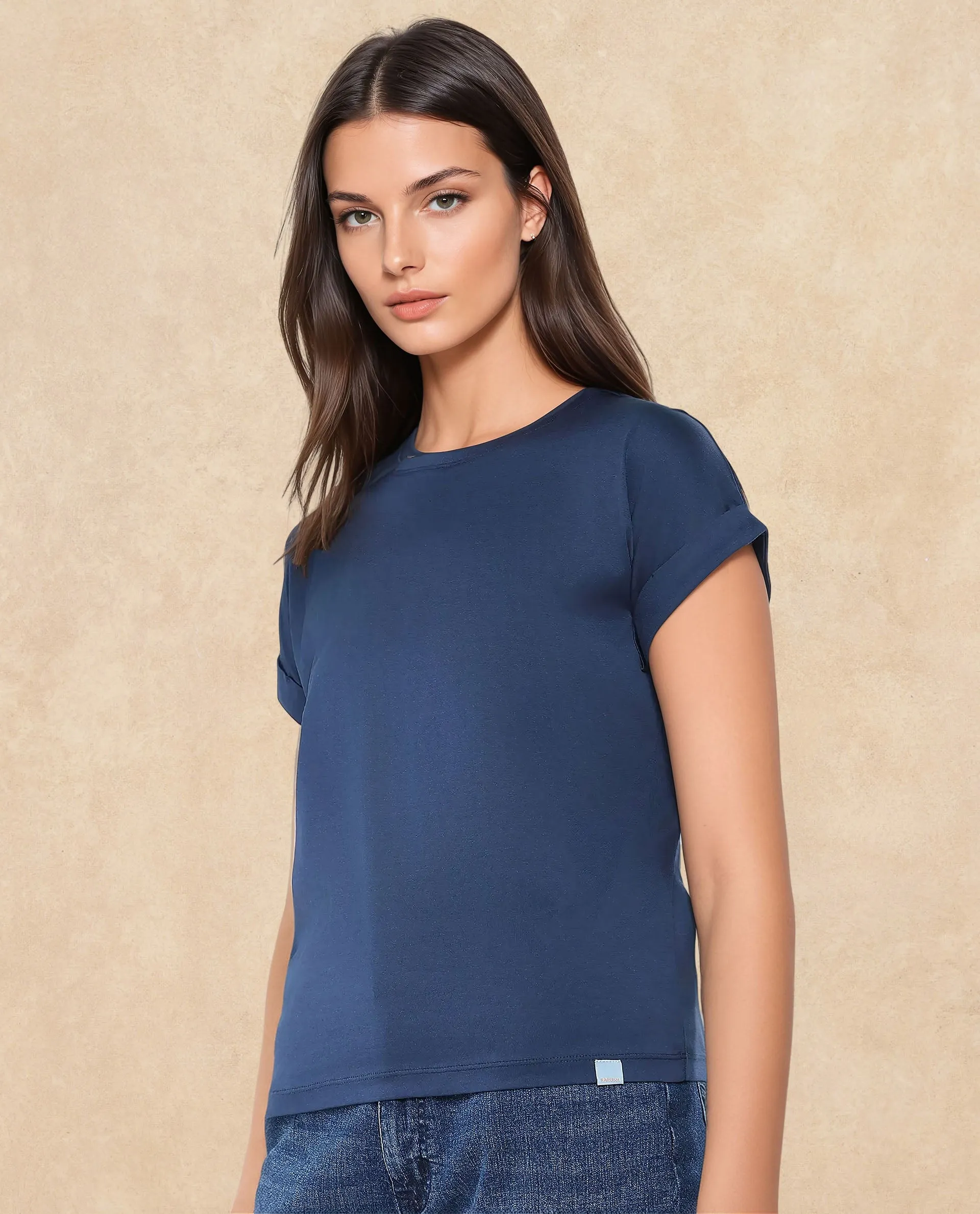 Rareism Women Cors Navy Cotton Blend Fabric Extended Sleeves Crew Neck Relaxed Fit Plain T-Shirt