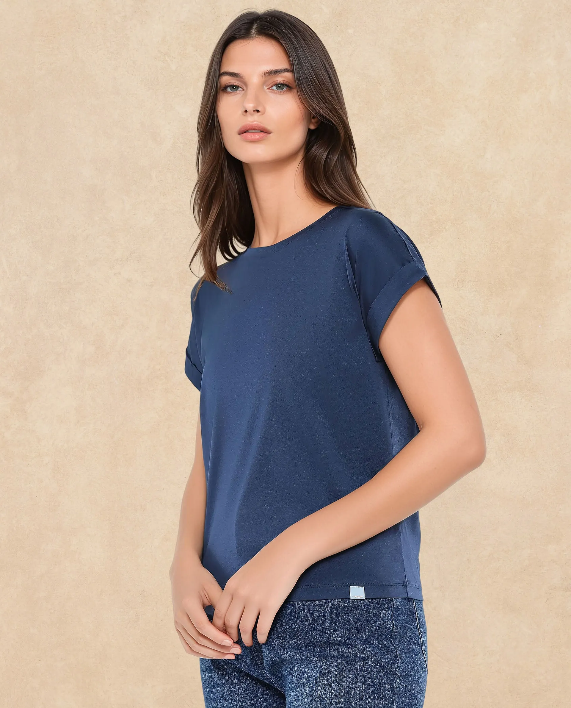 Rareism Women Cors Navy Cotton Blend Fabric Extended Sleeves Crew Neck Relaxed Fit Plain T-Shirt