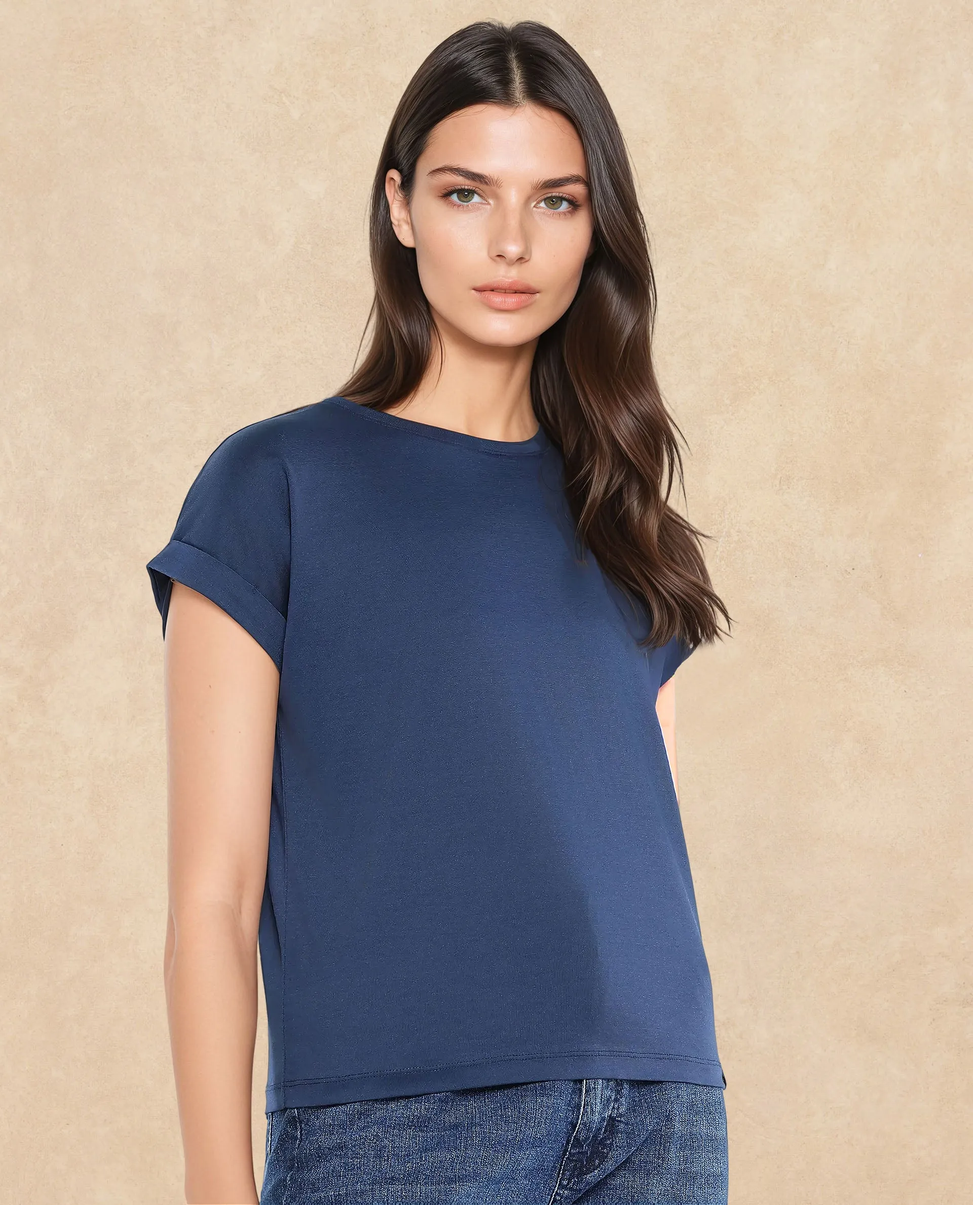 Rareism Women Cors Navy Cotton Blend Fabric Extended Sleeves Crew Neck Relaxed Fit Plain T-Shirt