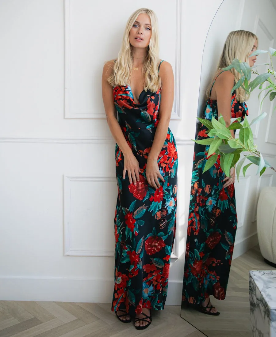 Red Floral Cowl Neck Satin Maxi Dress