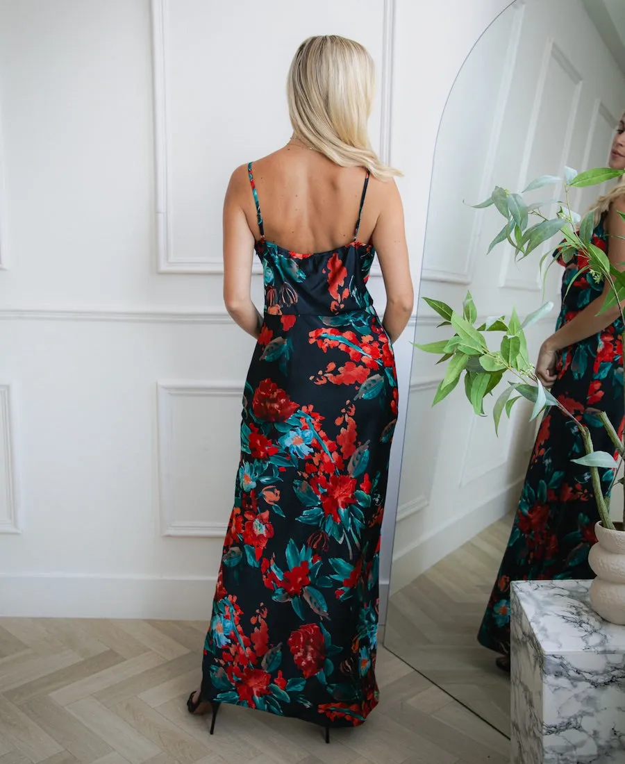 Red Floral Cowl Neck Satin Maxi Dress