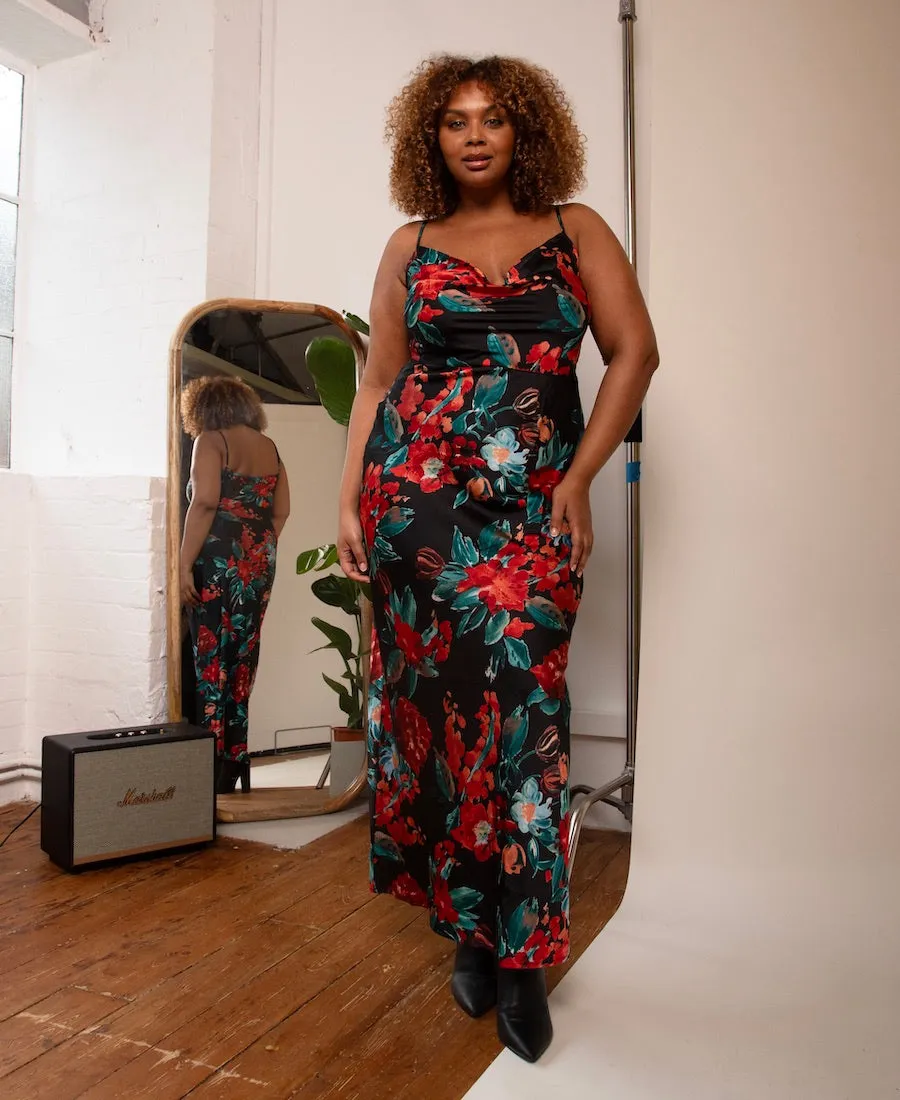 Red Floral Cowl Neck Satin Maxi Dress