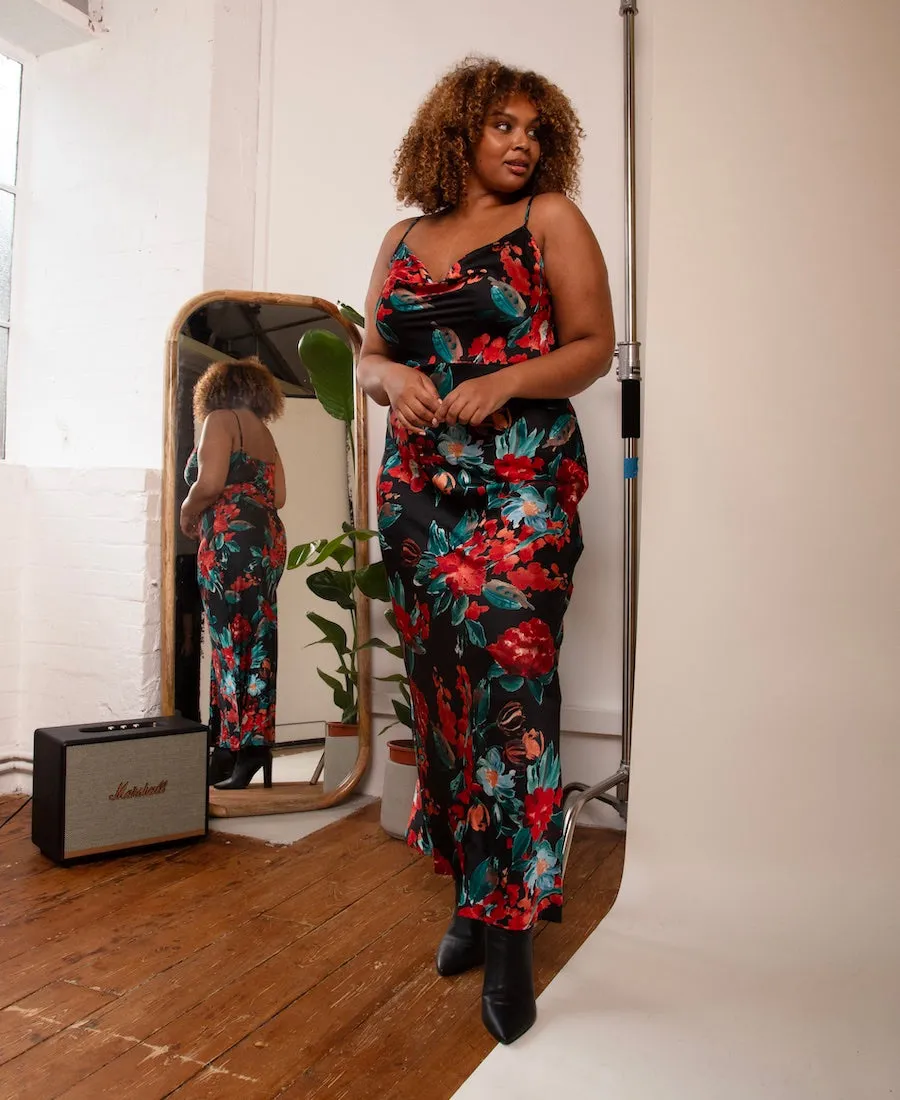 Red Floral Cowl Neck Satin Maxi Dress