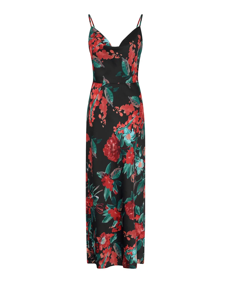 Red Floral Cowl Neck Satin Maxi Dress
