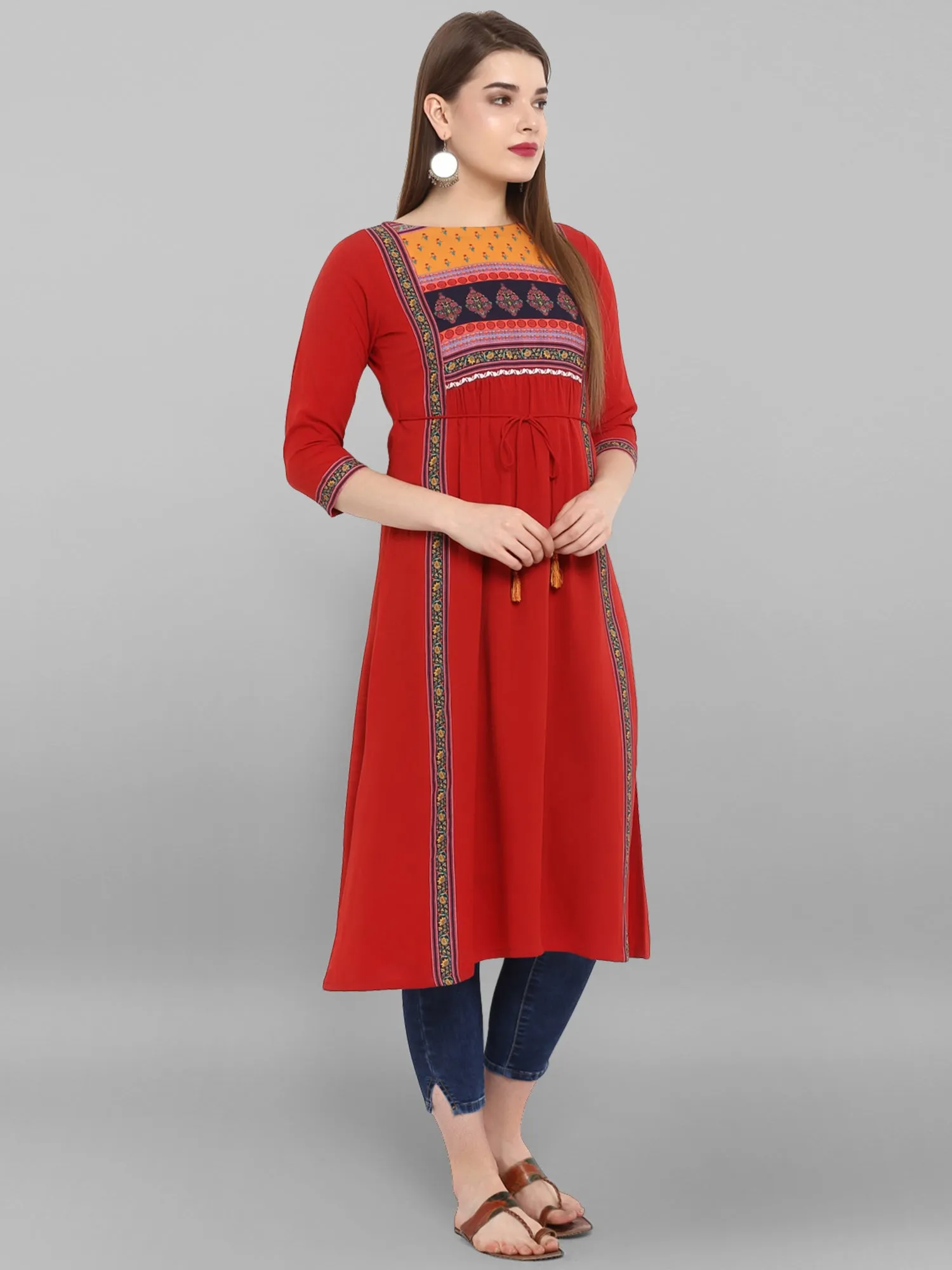 Red Floral Print Crepe Kurta For Women