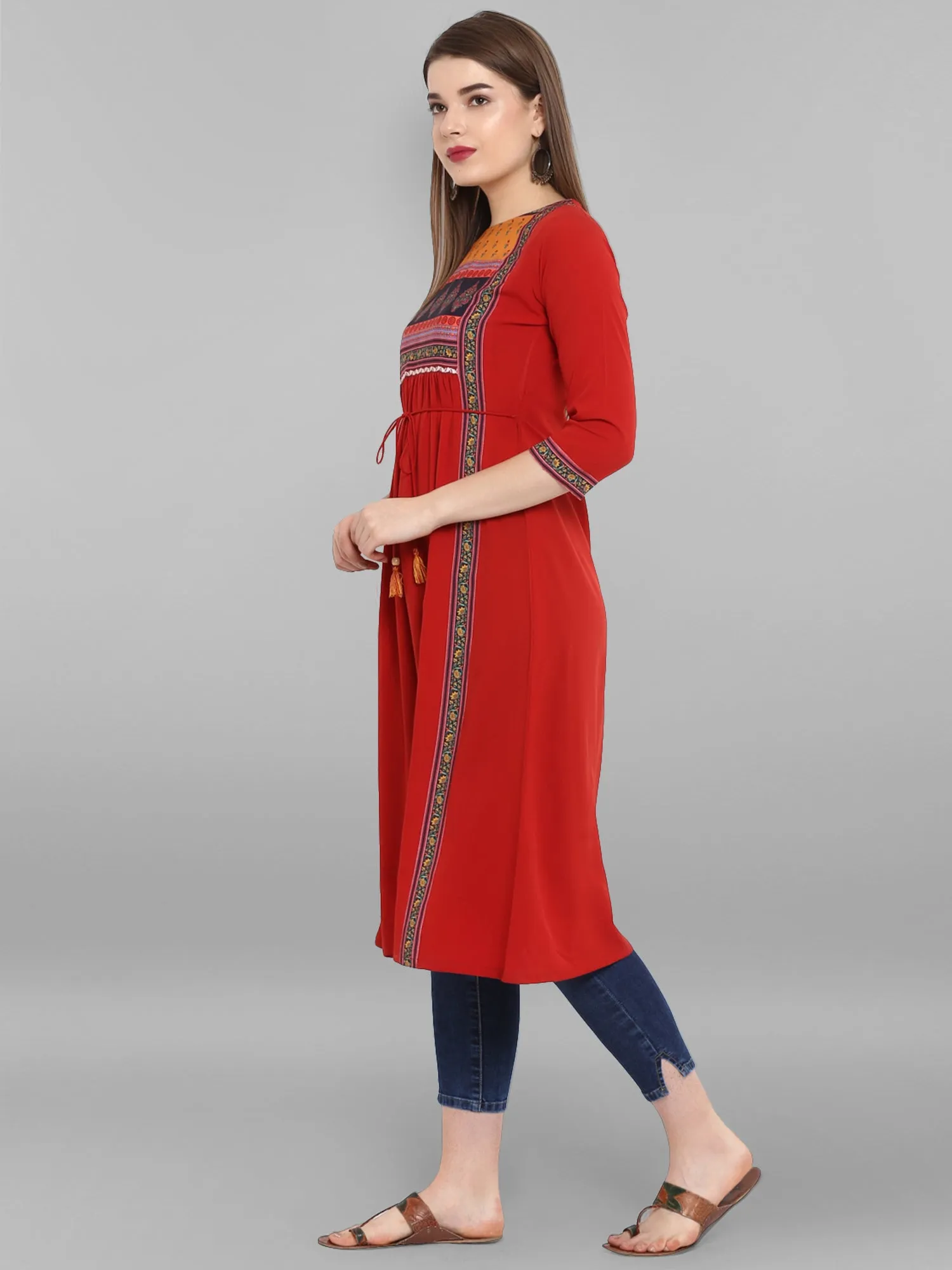 Red Floral Print Crepe Kurta For Women