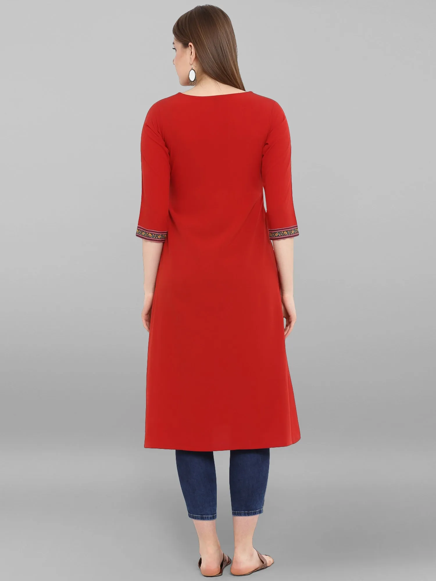 Red Floral Print Crepe Kurta For Women