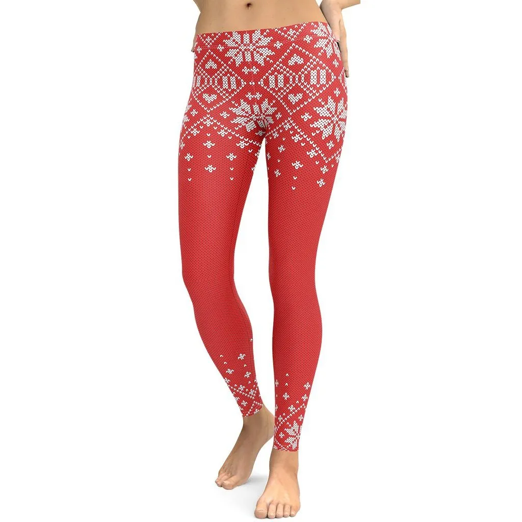 Red Knitted Print Christmas Leggings