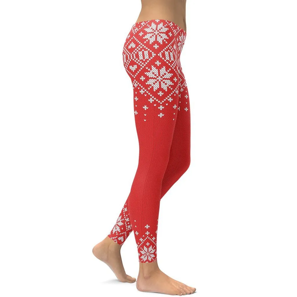 Red Knitted Print Christmas Leggings