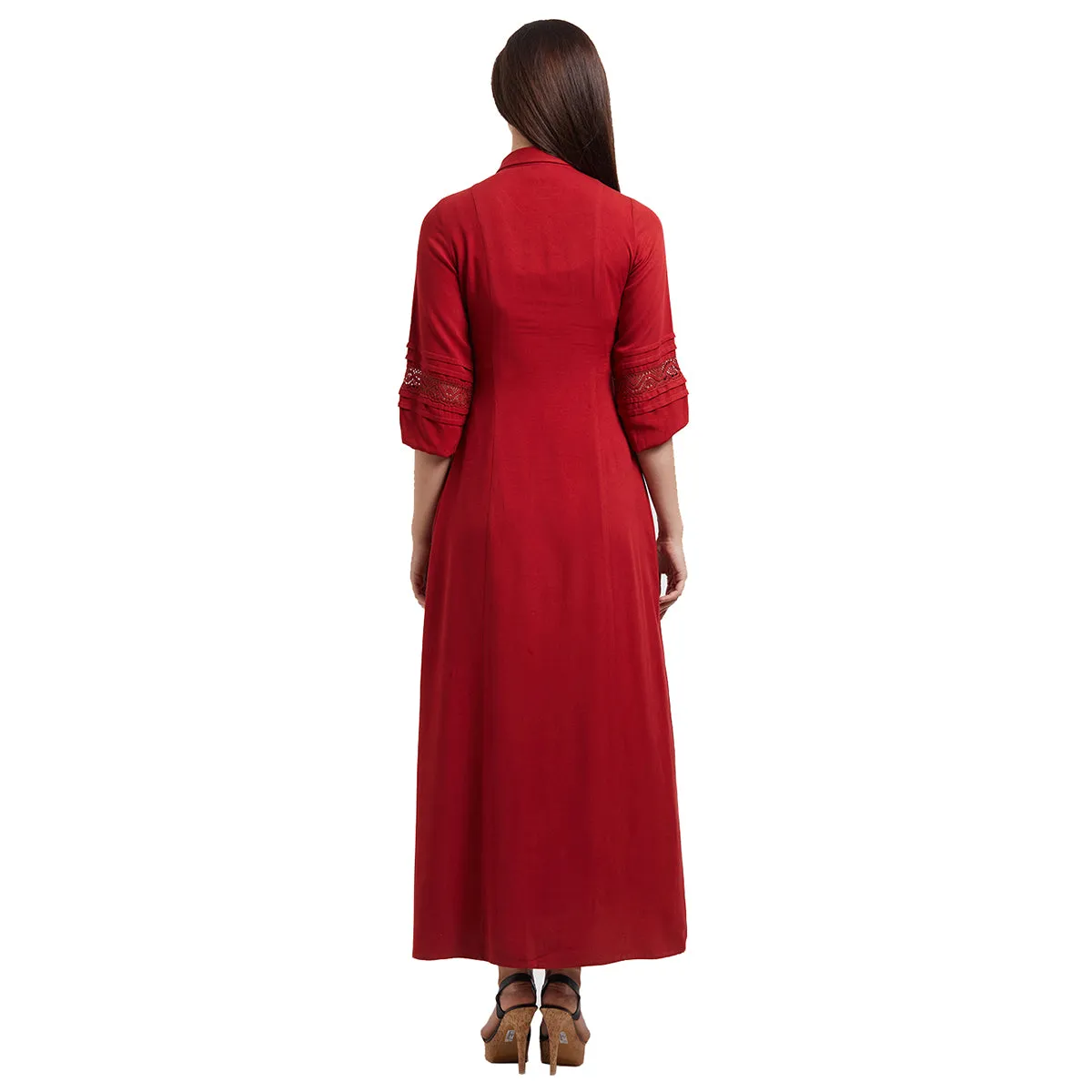 Red Maxi Dress With Lace Detailing On The Sleeves And Waist