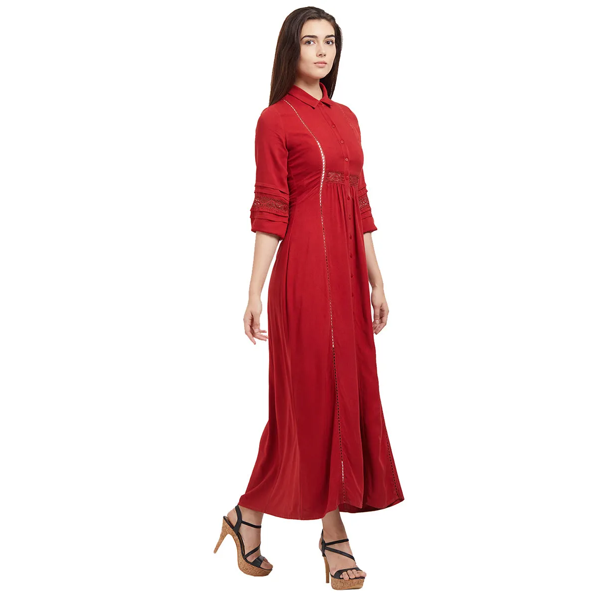 Red Maxi Dress With Lace Detailing On The Sleeves And Waist