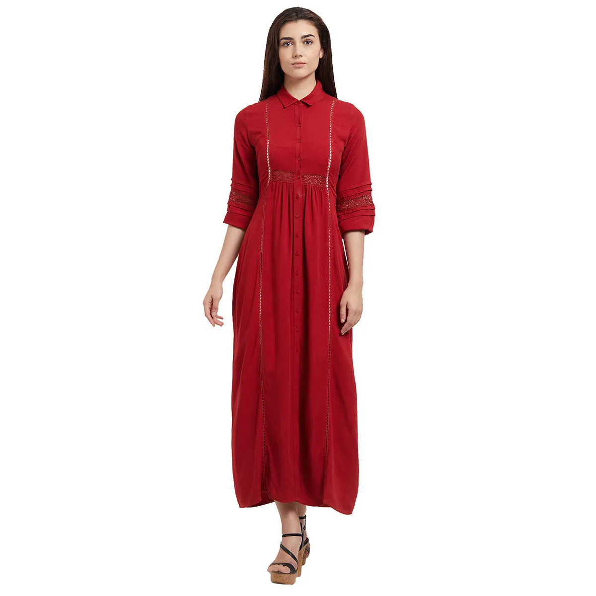 Red Maxi Dress With Lace Detailing On The Sleeves And Waist
