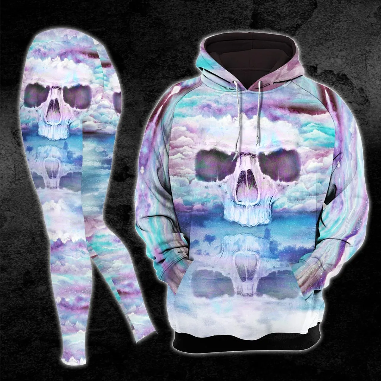 Reflective Pink Blue Cloudy Skull Combo Hoodie and Leggings