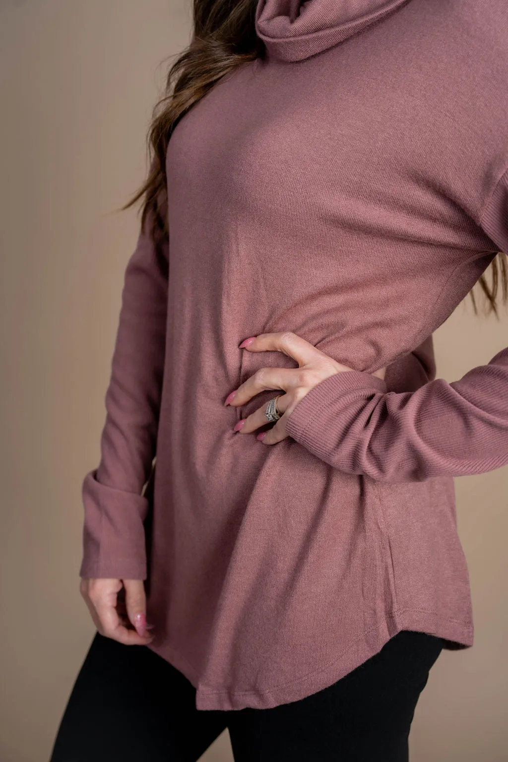 Rib Accented Cowl Neck Tunic Tee