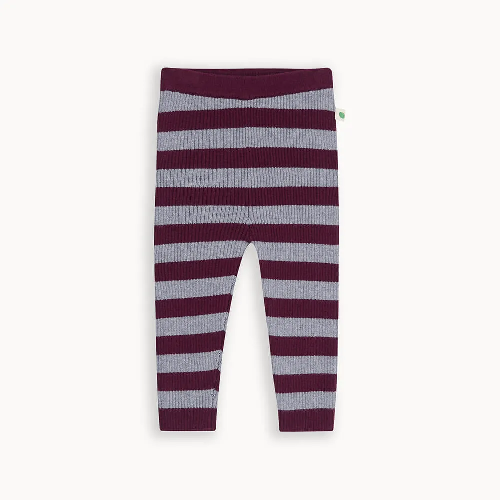 Ribbed Knit Leggings - Maroon Grey Stripe