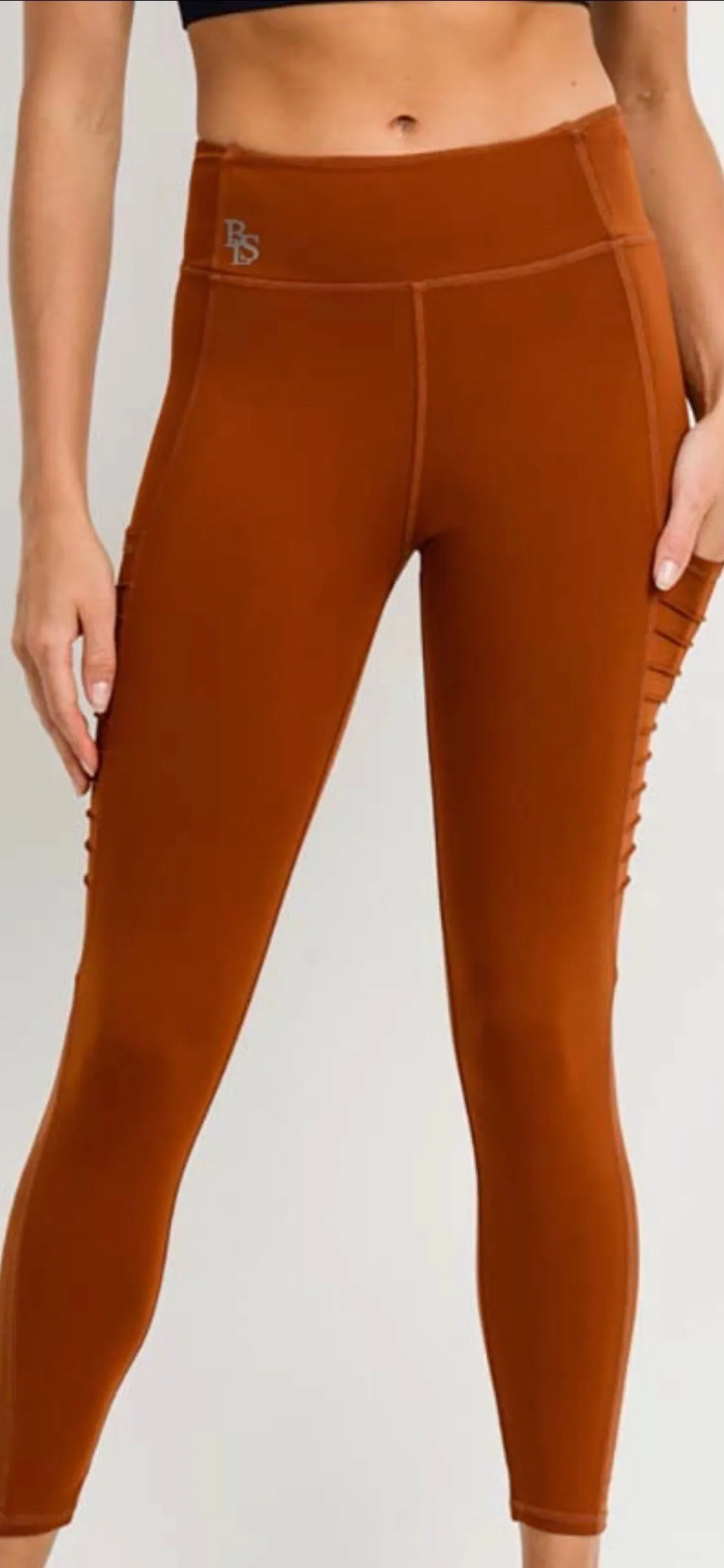 Ribbed Mesh Pocket Full Leggings - Acorn/Coffee/Mauve