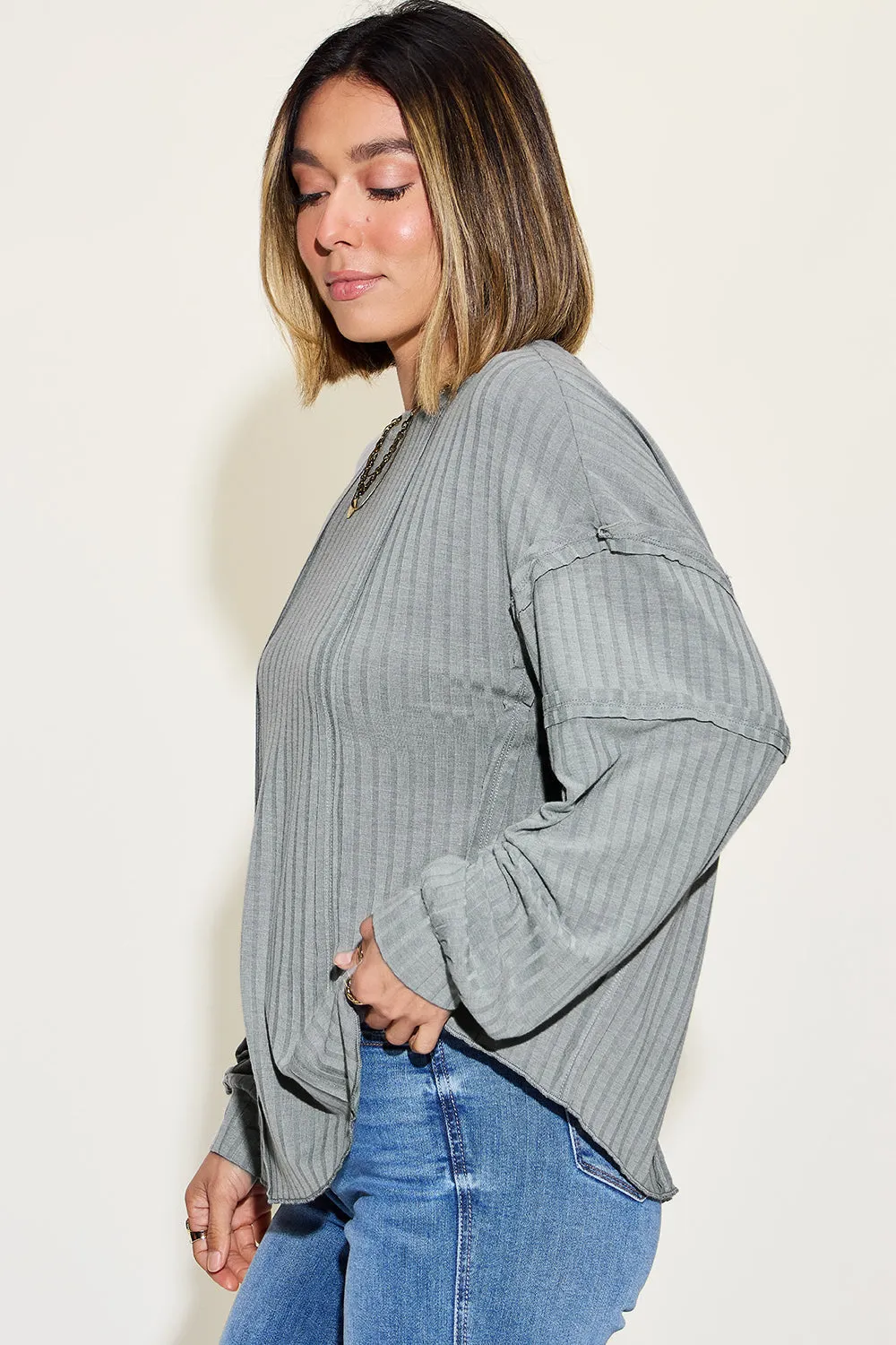Ribbed Round Neck Long Sleeve T-Shirt