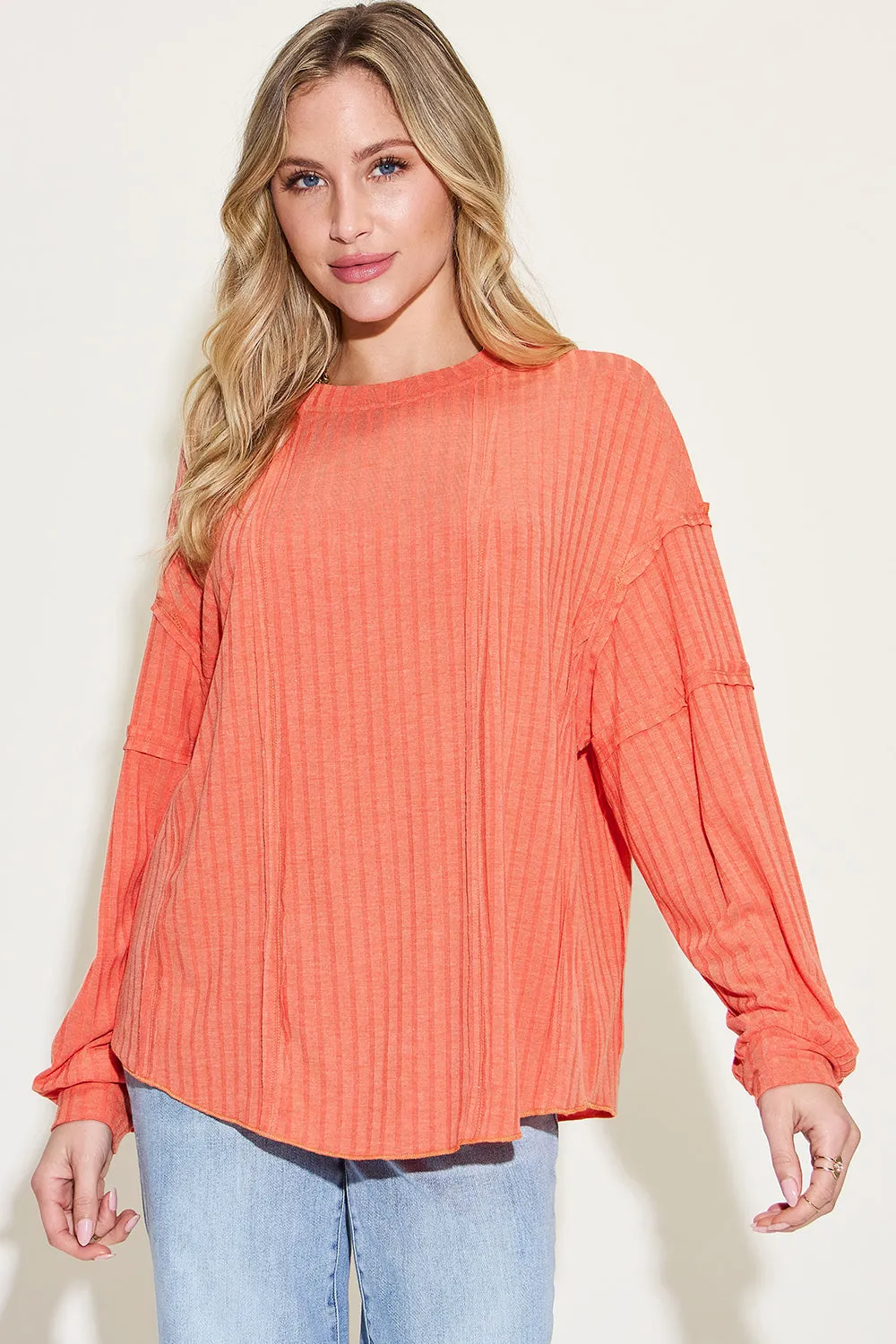 Ribbed Round Neck Long Sleeve T-Shirt