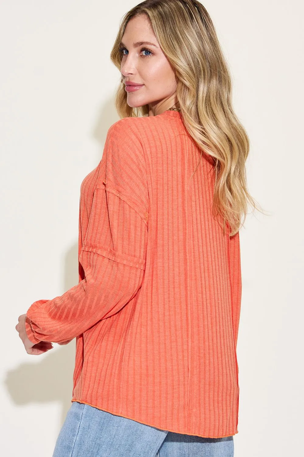 Ribbed Round Neck Long Sleeve T-Shirt