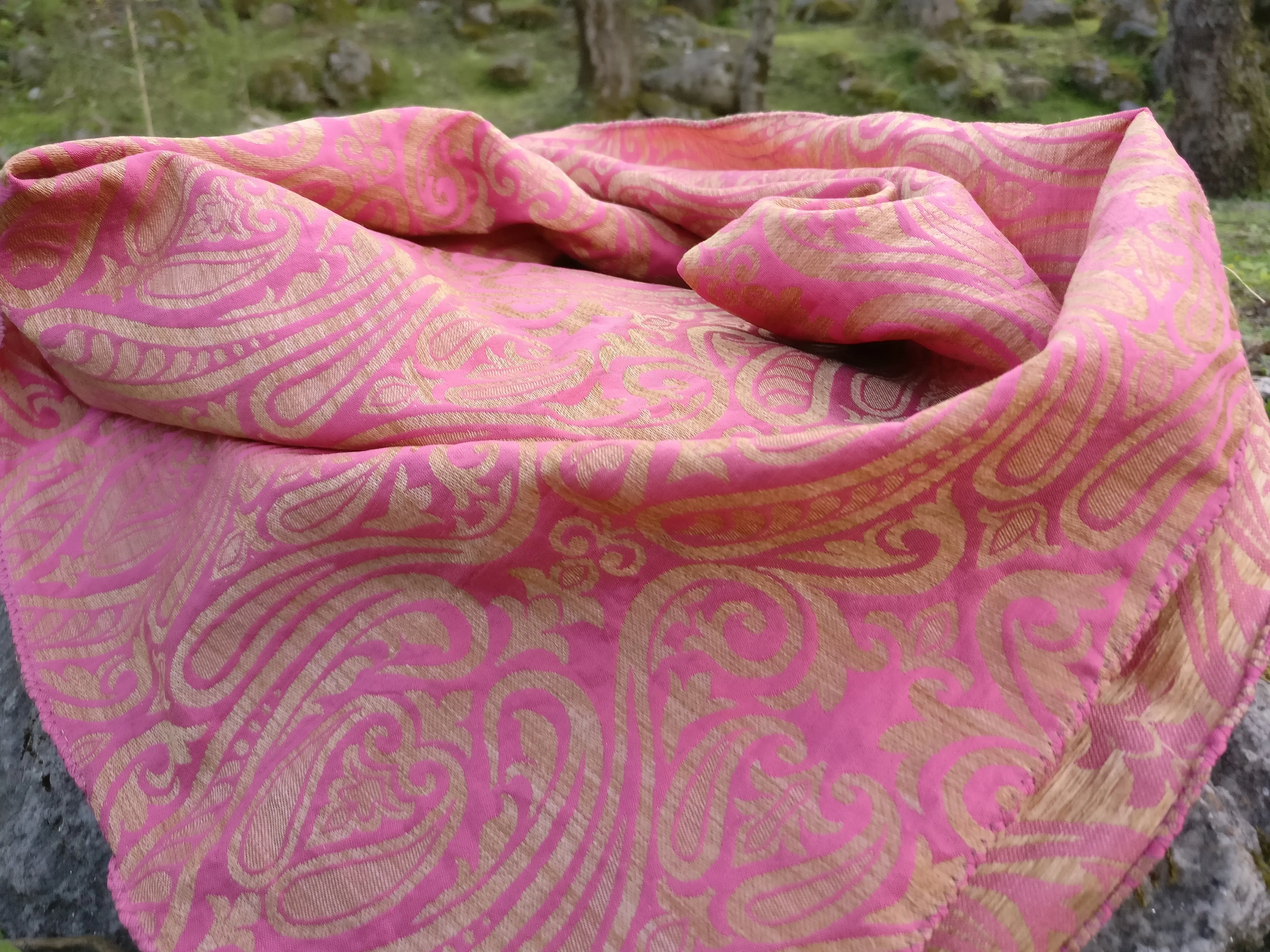 Rose Pink and Gold Scarf in Brocade Silk